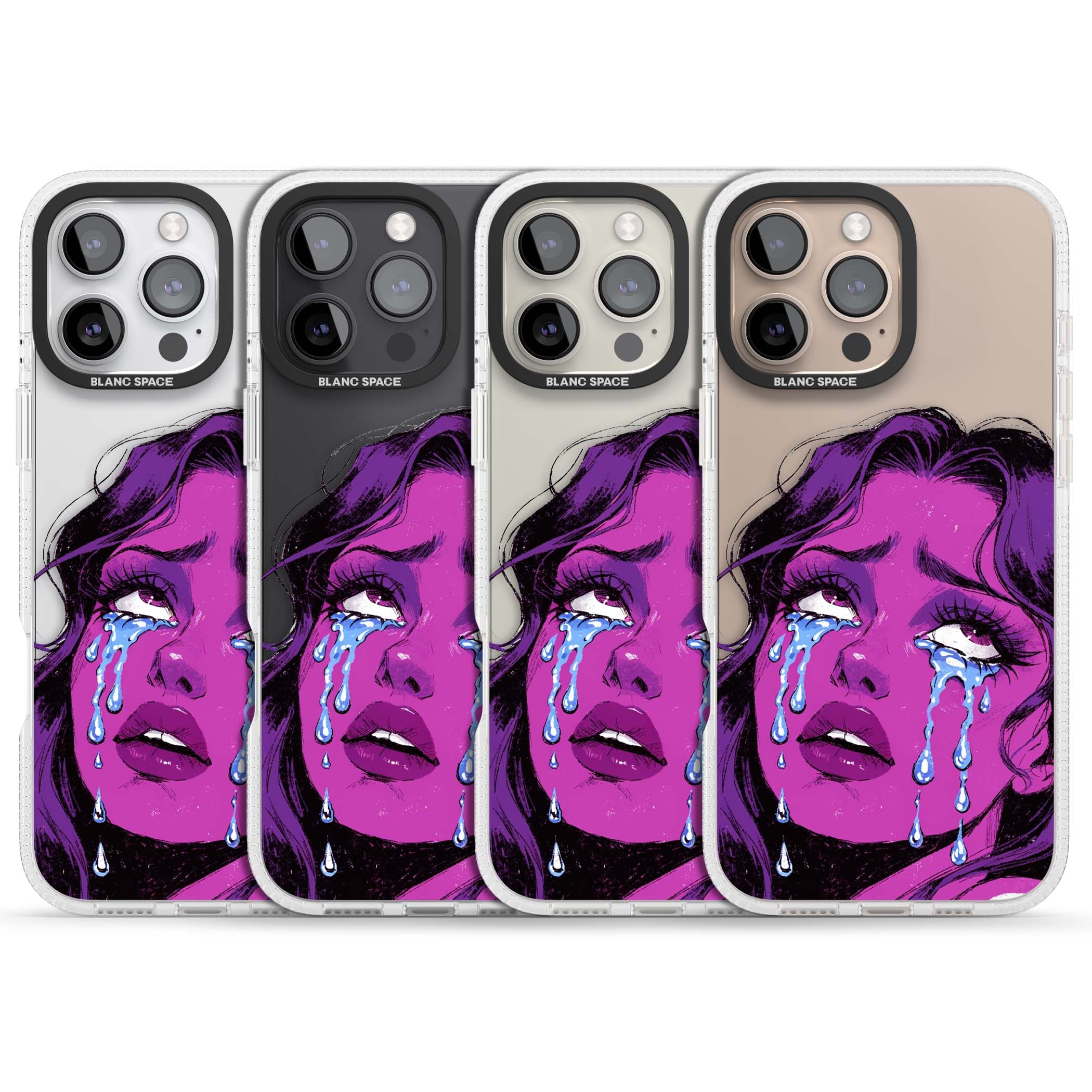 Drama Queen pop art iPhone case featuring a purple crying comic girl with blue tears | Clear Case Impact Air case for iPhone 16 Pro, iPhone 16 Pro Max