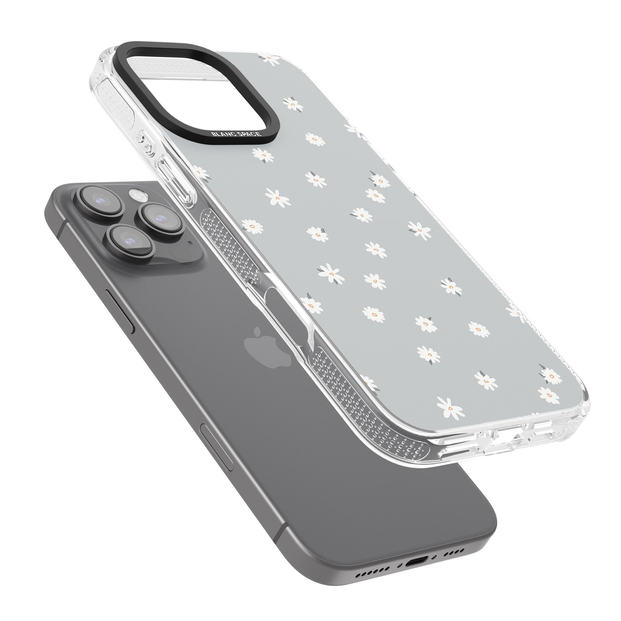 Painted Daisy Blue-Grey Cute iPhone 16 Pro Max / 16 Pro Clear Case Impact Air - Blanc Space