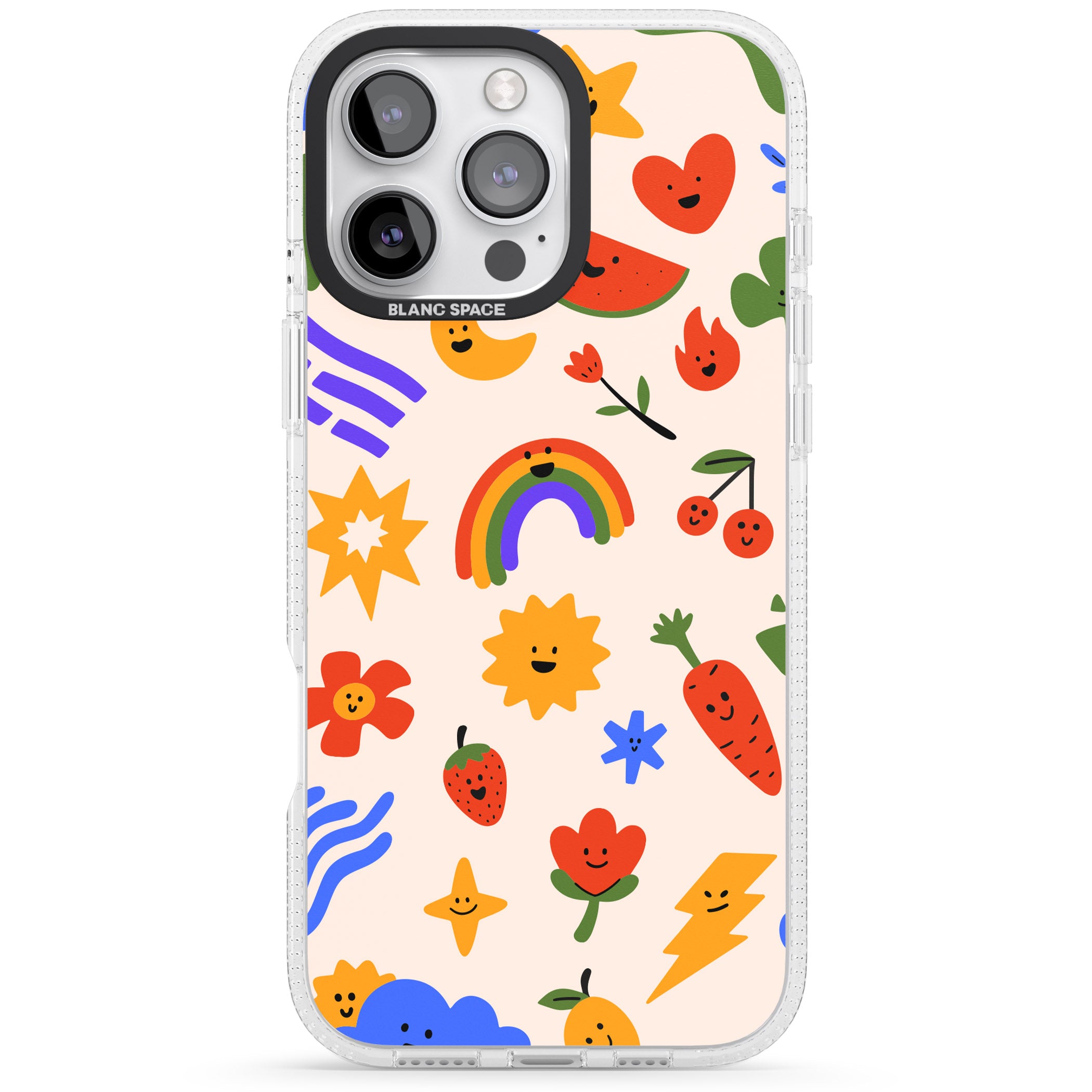 Mixed Large Kawaii Icons - Solid iPhone 16 Pro Max / 16 Pro Clear Case Impact Air - Blanc Space