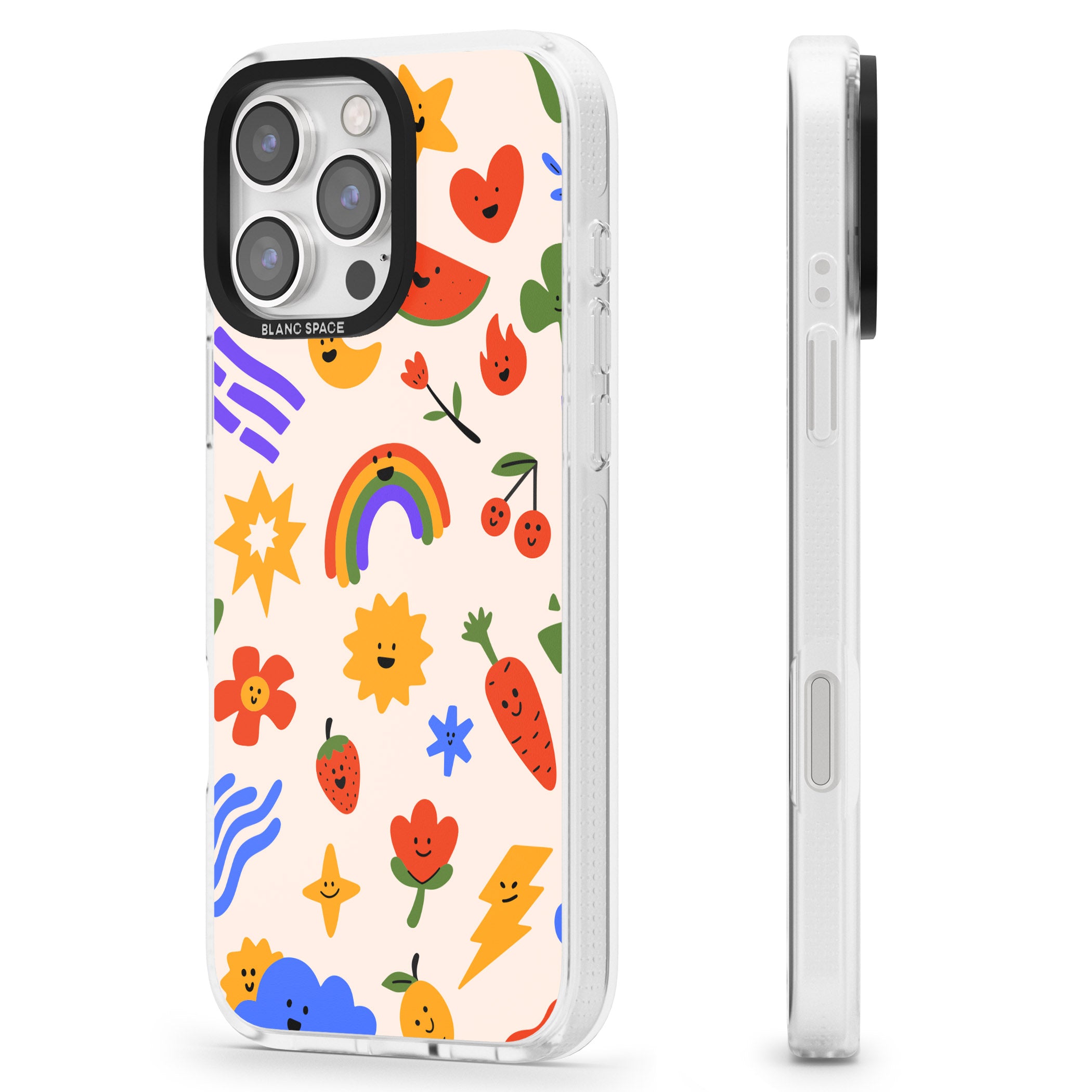 Mixed Large Kawaii Icons - Solid iPhone 16 Pro Max / 16 Pro Clear Case Impact Air - Blanc Space