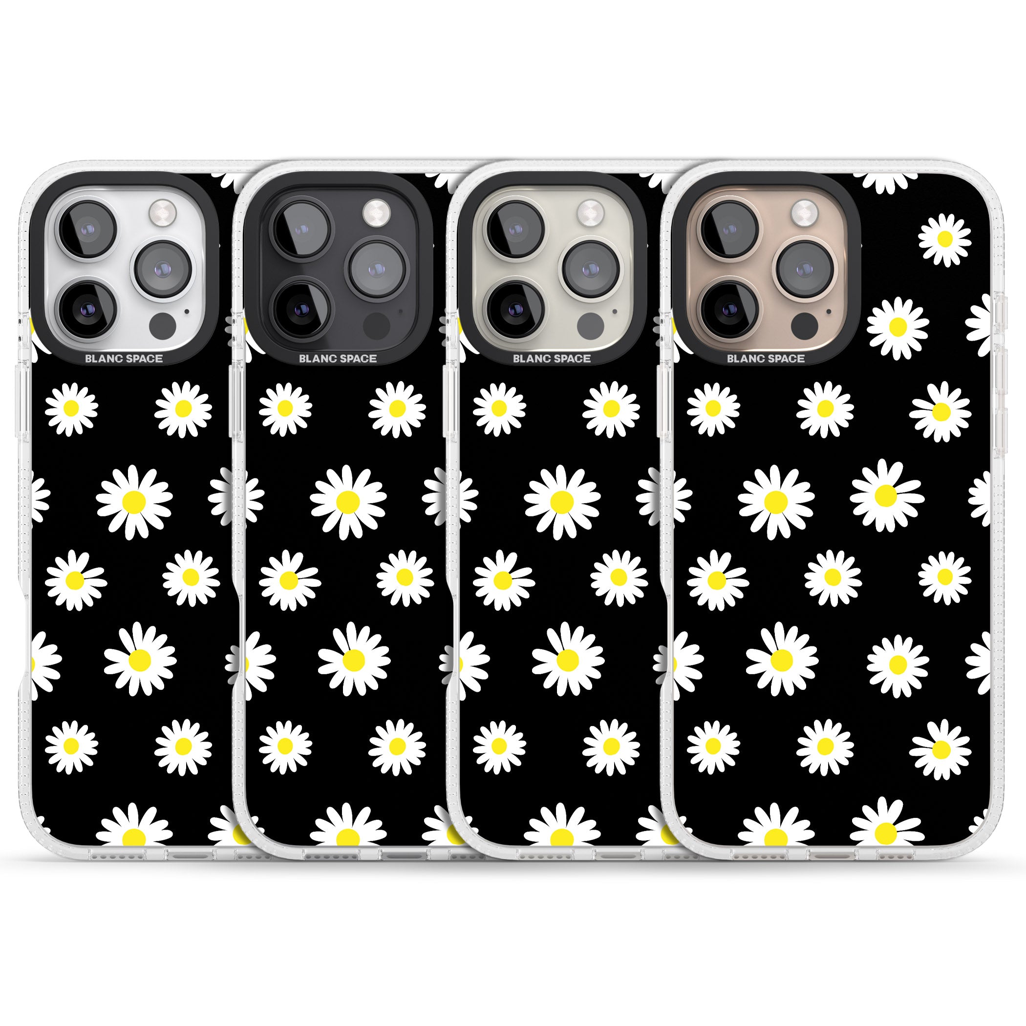 White Daisy Pattern (Black) iPhone 16 Pro Max / 16 Pro Clear Case Impact Air - Blanc Space