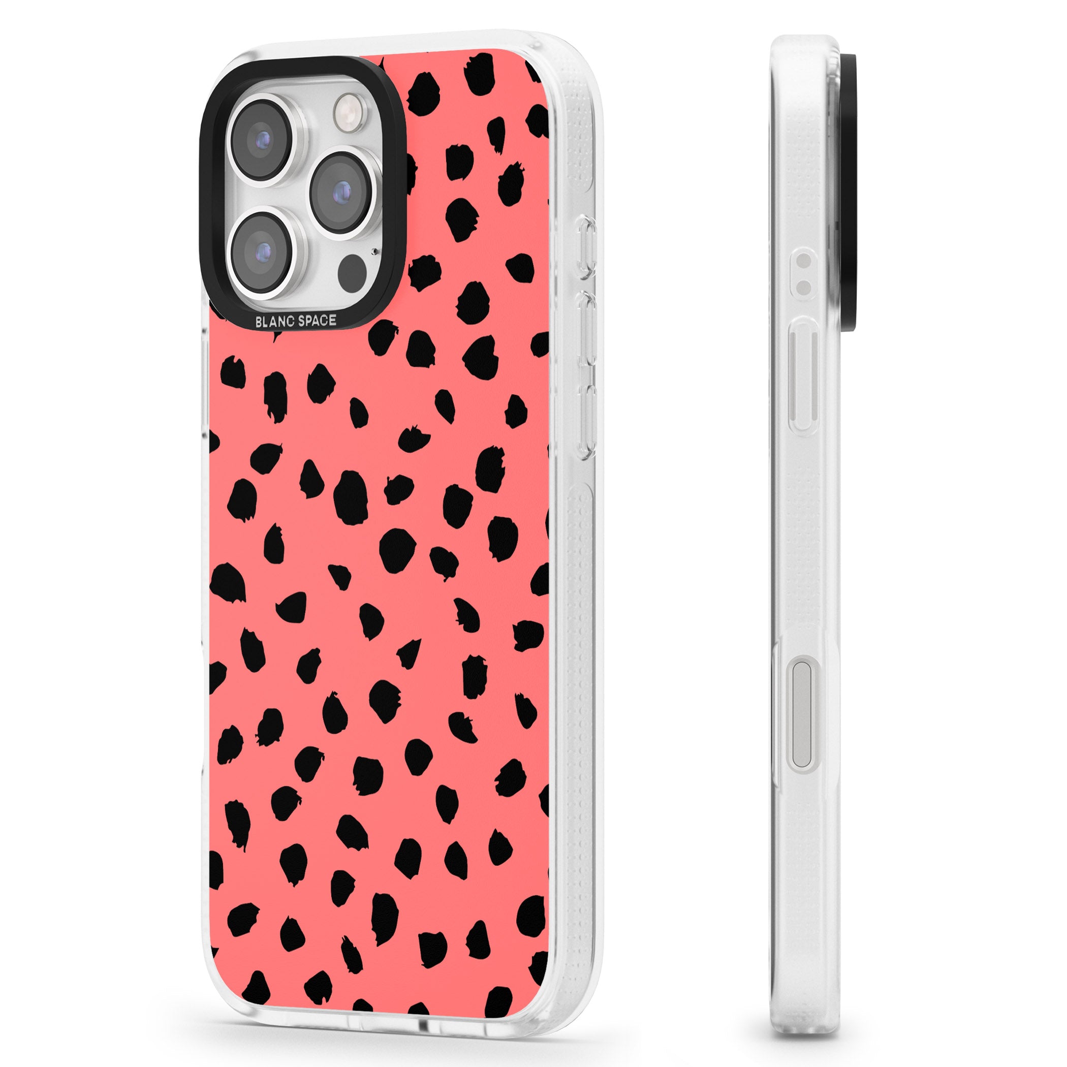 Black on Salmon Pink Dalmatian Polka Dot Spots iPhone 16 Pro Max / 16 Pro Clear Case Impact Air - Blanc Space