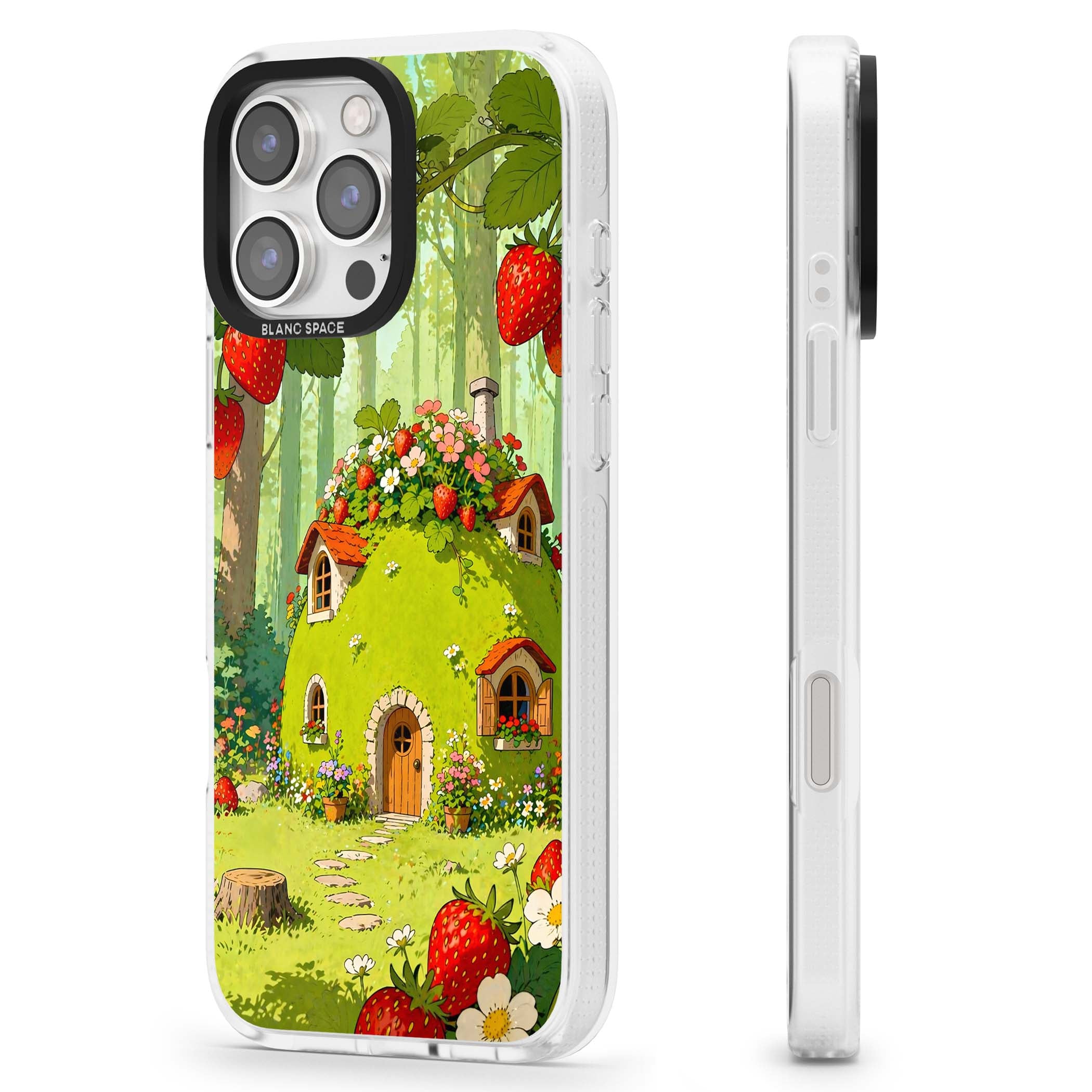 Strawberry Cottage cottagecore iPhone case featuring a green fairy house, wild strawberries and enchanted forest flowers | Clear Case Impact Air case for iPhone 16 Pro, iPhone 16 Pro Max