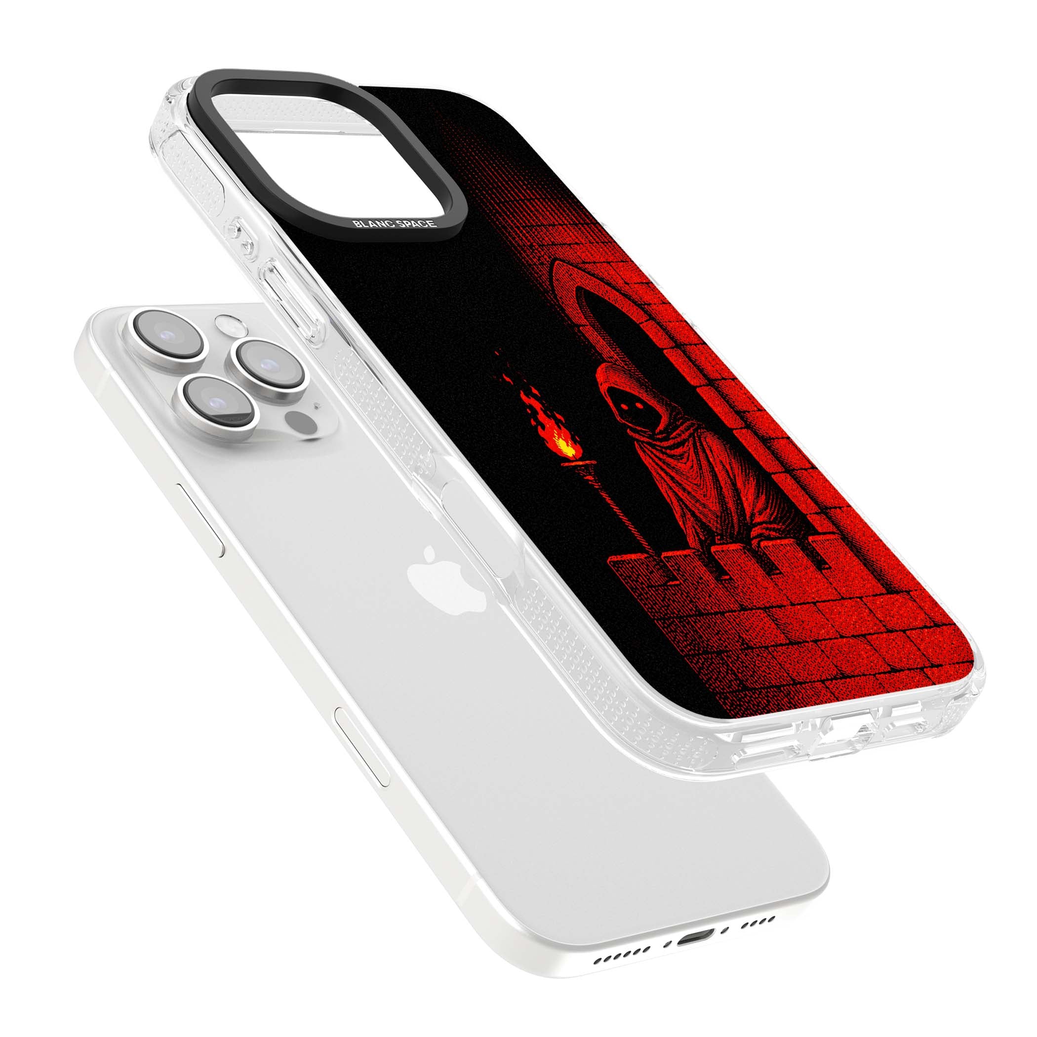 Crimson Crypt gothic iPhone case featuring a hooded reaper, torchlit crypt archway and red halftone horror art | Clear Case Impact Air case for iPhone 16 Pro, iPhone 16 Pro Max