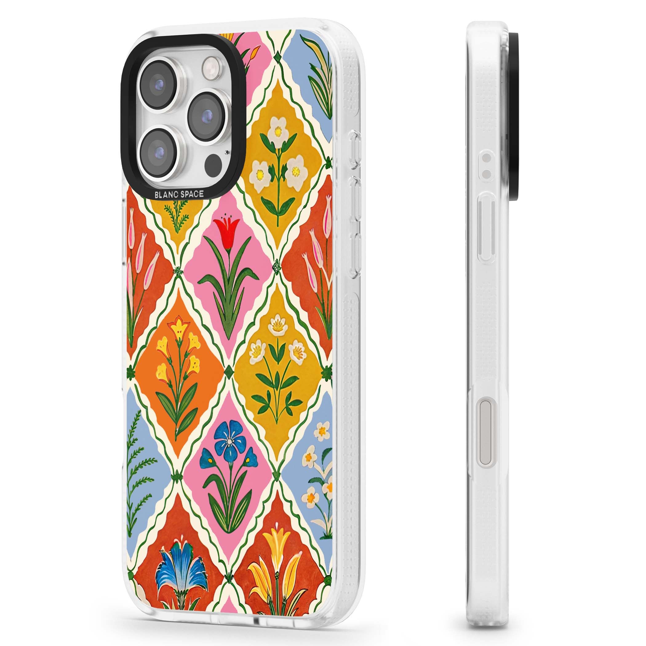 Floral Quilt boho floral iPhone case featuring diamond lattice pattern, hand-painted tulips and folk art wildflowers | Clear Case Impact Air case for iPhone 16 Pro, iPhone 16 Pro Max