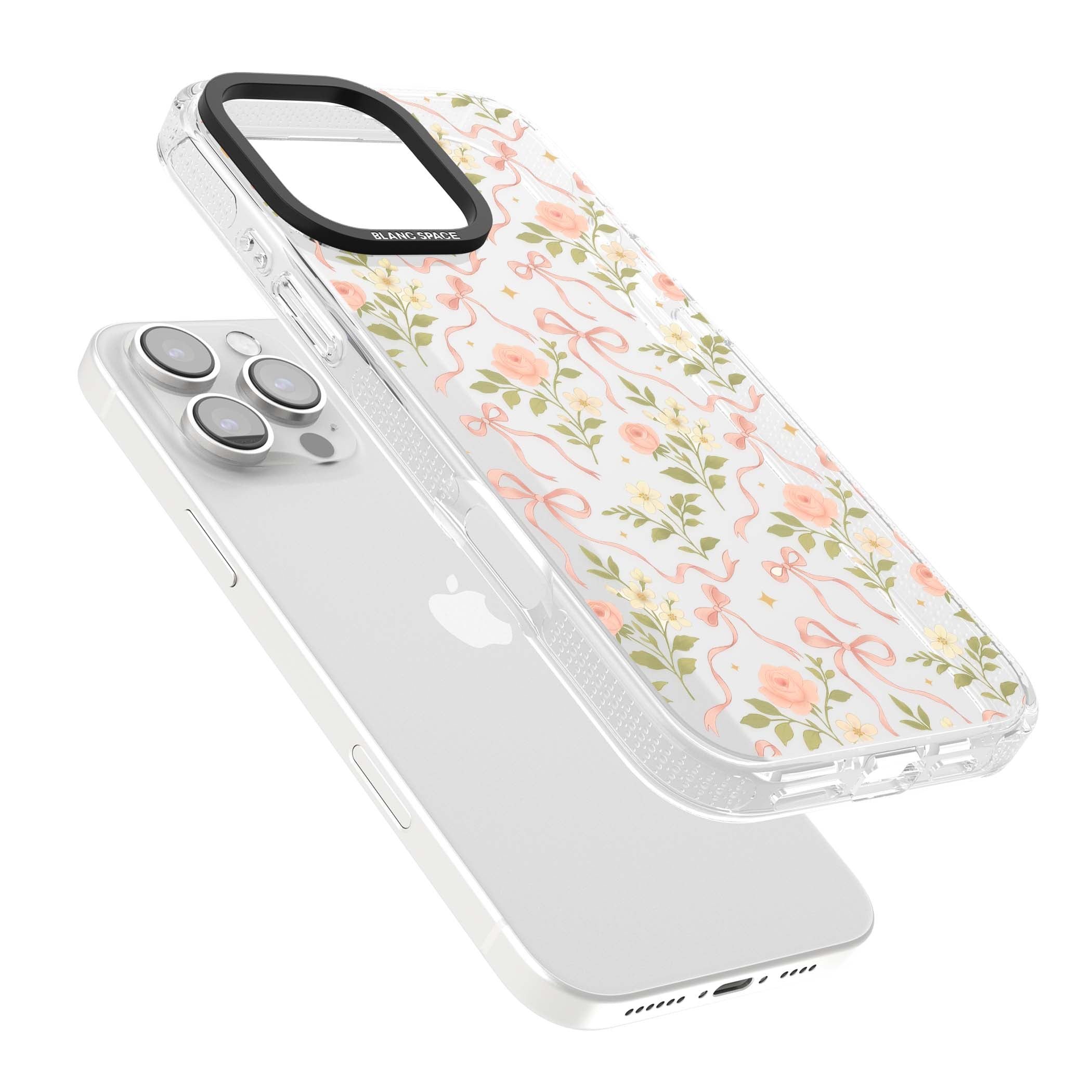 Ribbon Garden coquette iPhone case featuring pink bows, peach roses and wildflowers on white background | Clear Case Impact Air case for iPhone 16 Pro, iPhone 16 Pro Max