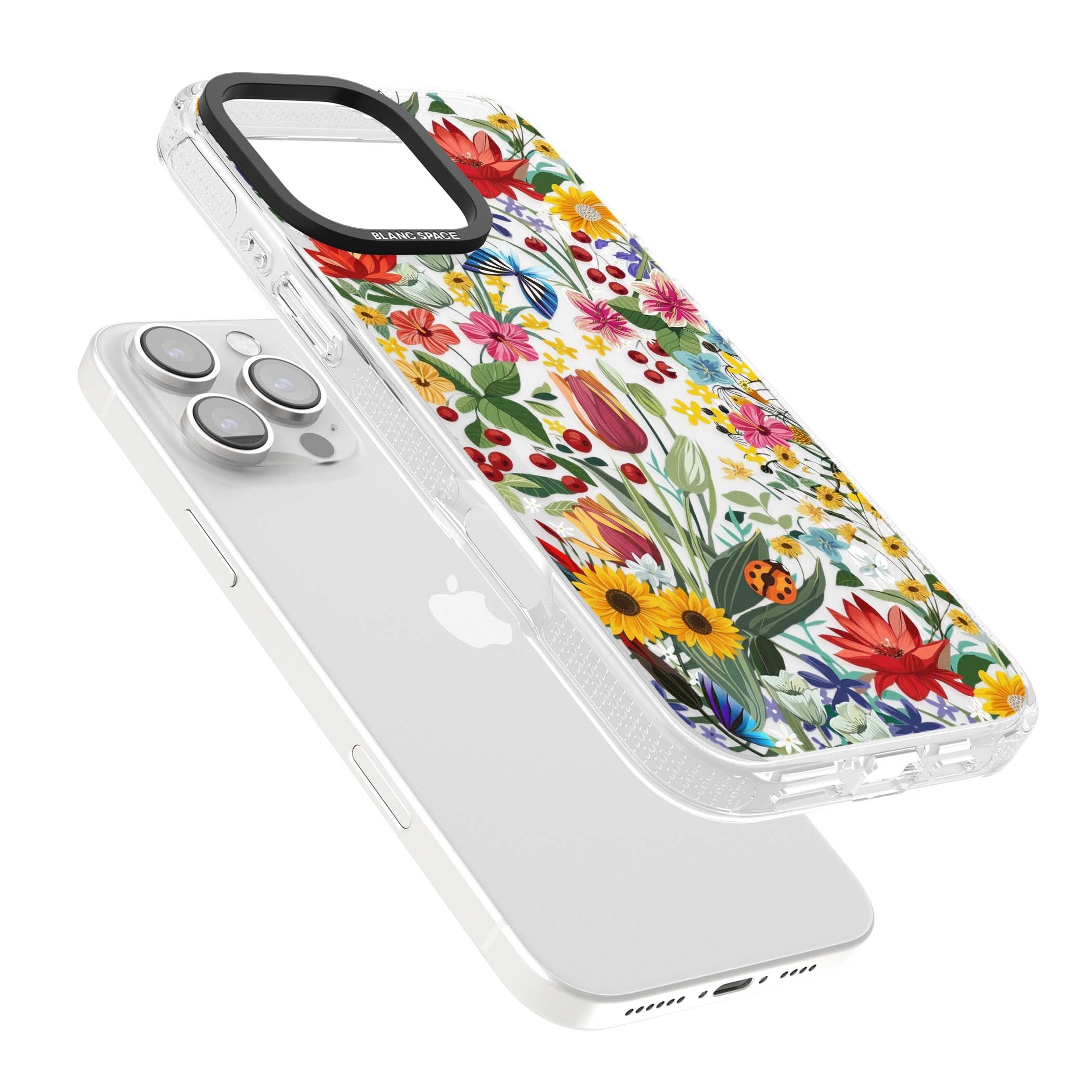 Botanical Bloom cottagecore iPhone case featuring colorful wildflowers, sunflowers, and ladybugs on clear background | Clear Case Impact Air case for iPhone 16 Pro, iPhone 16 Pro Max