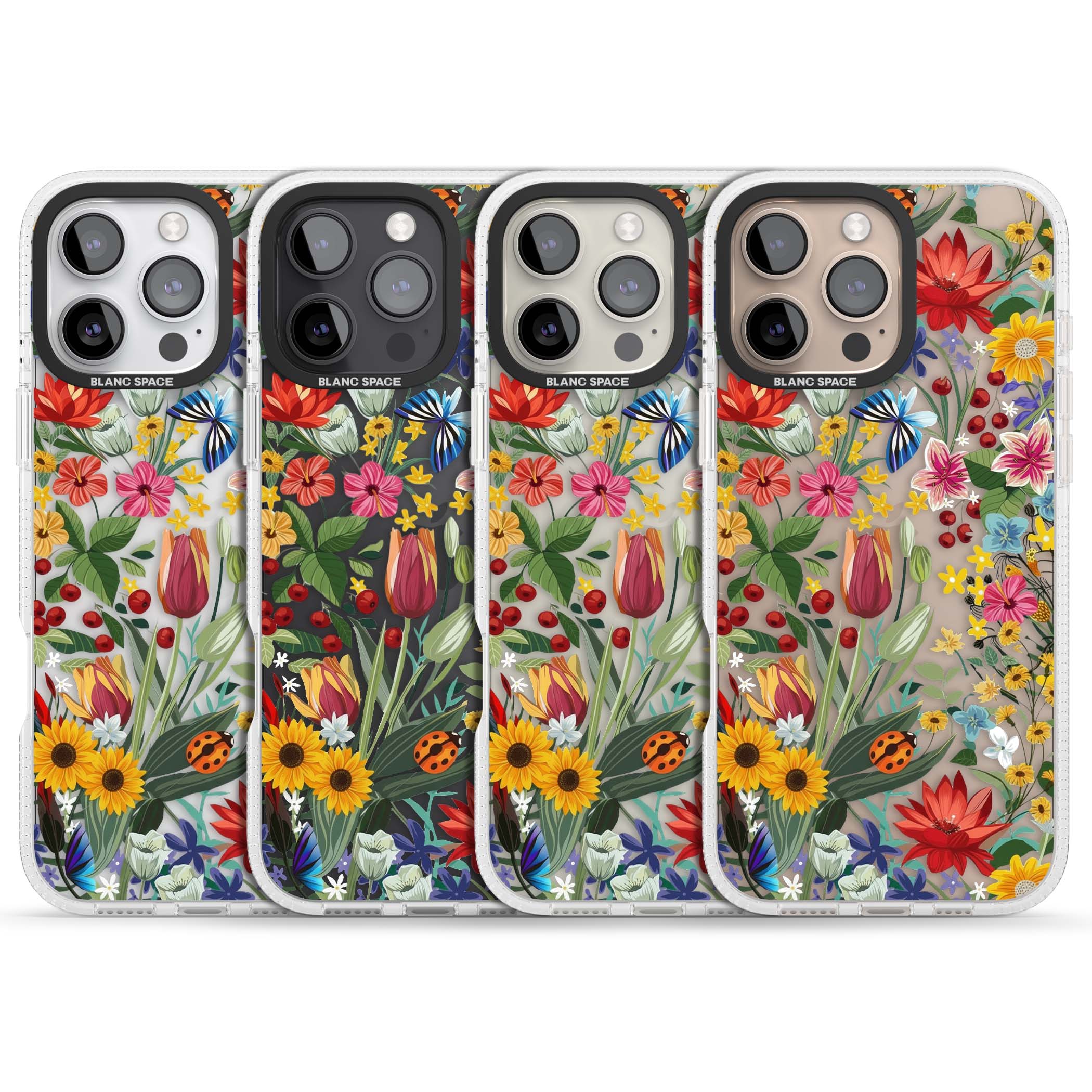 Botanical Bloom cottagecore iPhone case featuring colorful wildflowers, sunflowers, and ladybugs on clear background | Clear Case Impact Air case for iPhone 16 Pro, iPhone 16 Pro Max