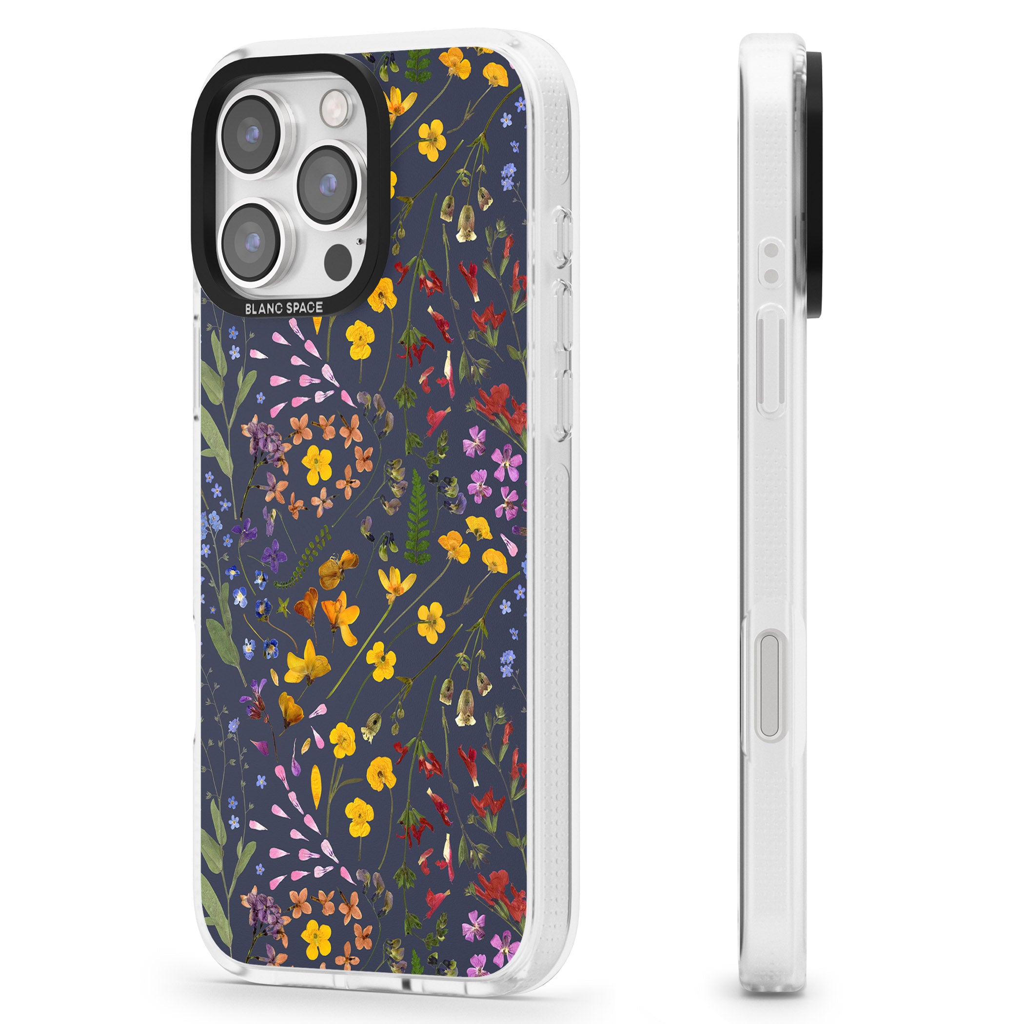 Wildflower & Leaves Cluster Design - Navy iPhone 16 Pro Max / 16 Pro Clear Case Impact Air - Blanc Space