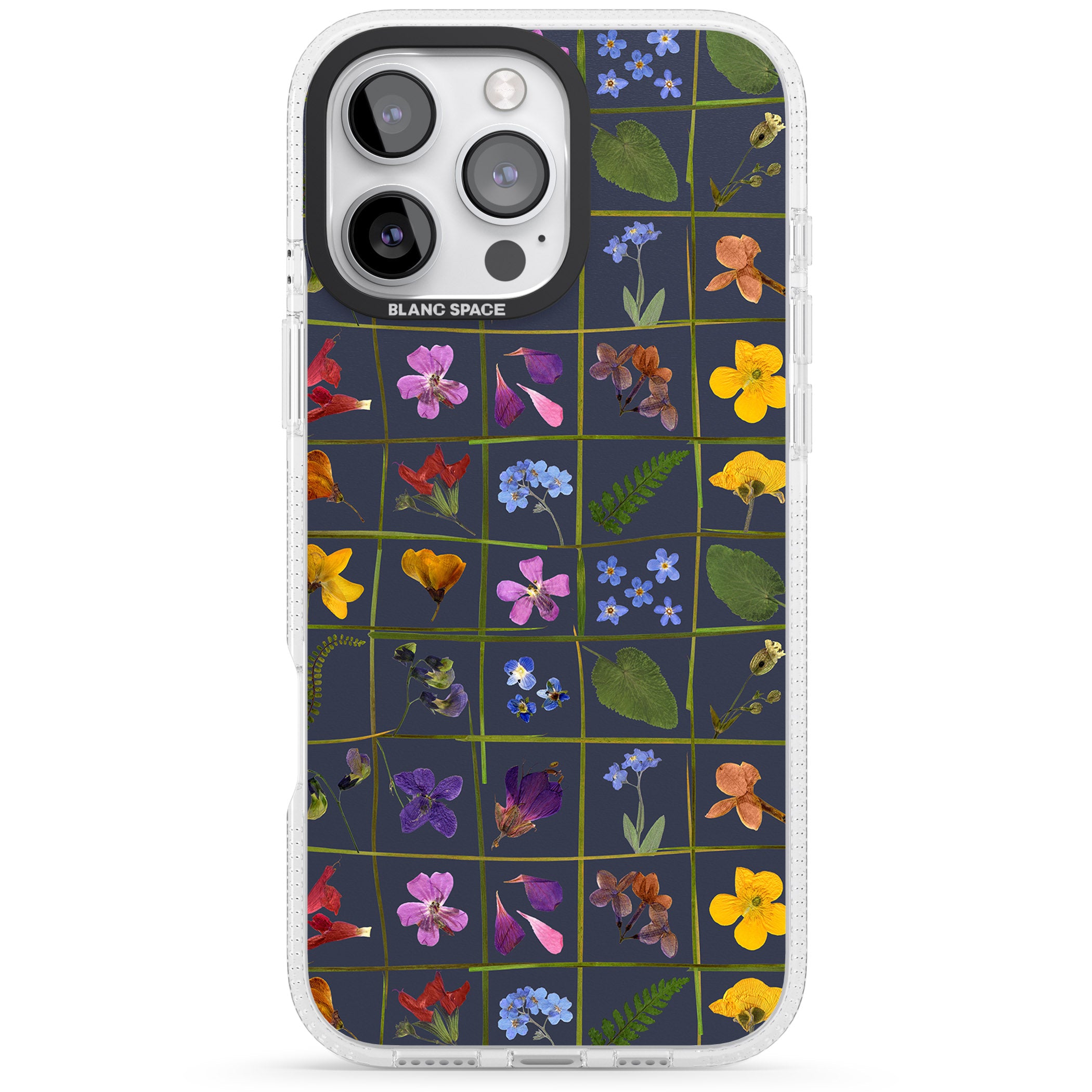 Wildflower Grid Boxes Pattern - Navy iPhone 16 Pro Max / 16 Pro Clear Case Impact Air - Blanc Space