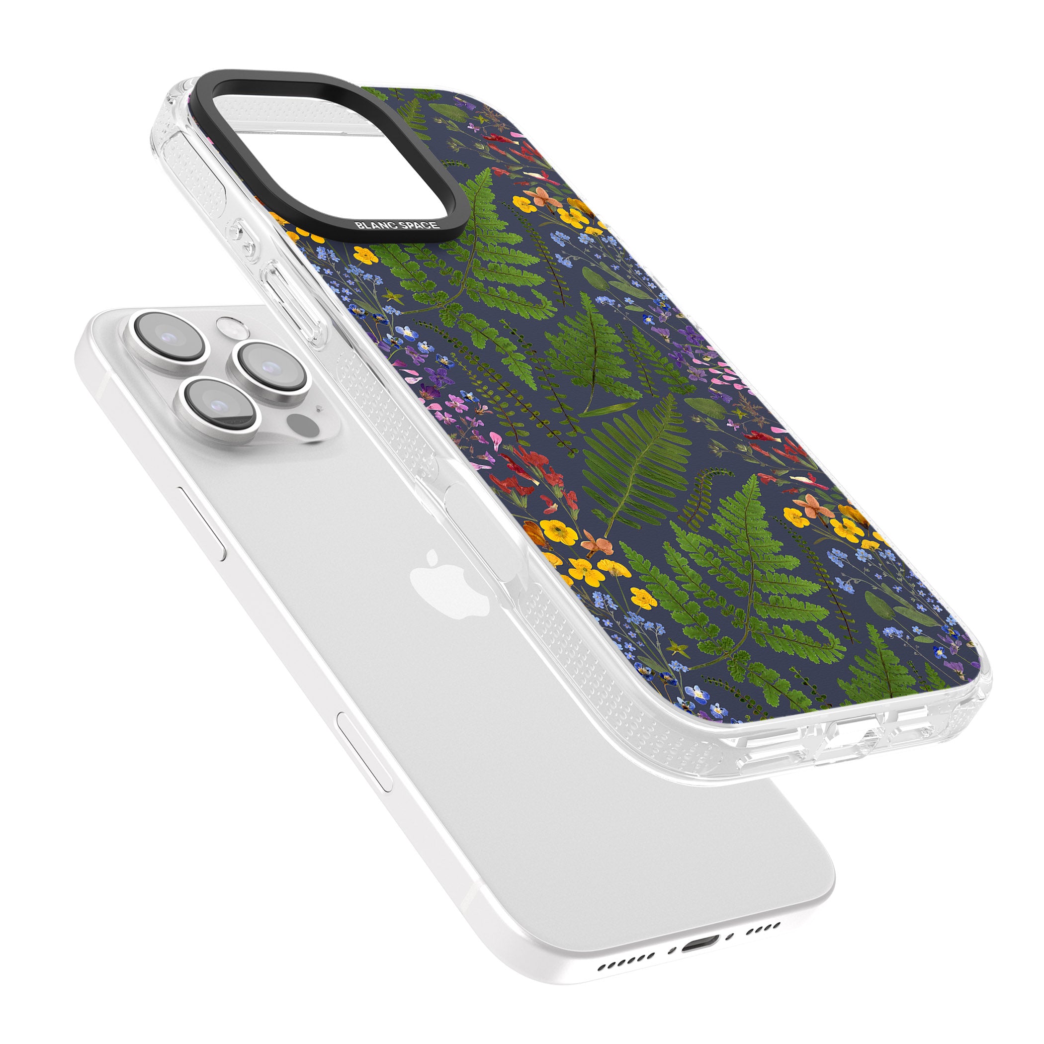 Busy Floral and Fern Design - Navy iPhone 16 Pro Max / 16 Pro Clear Case Impact Air - Blanc Space
