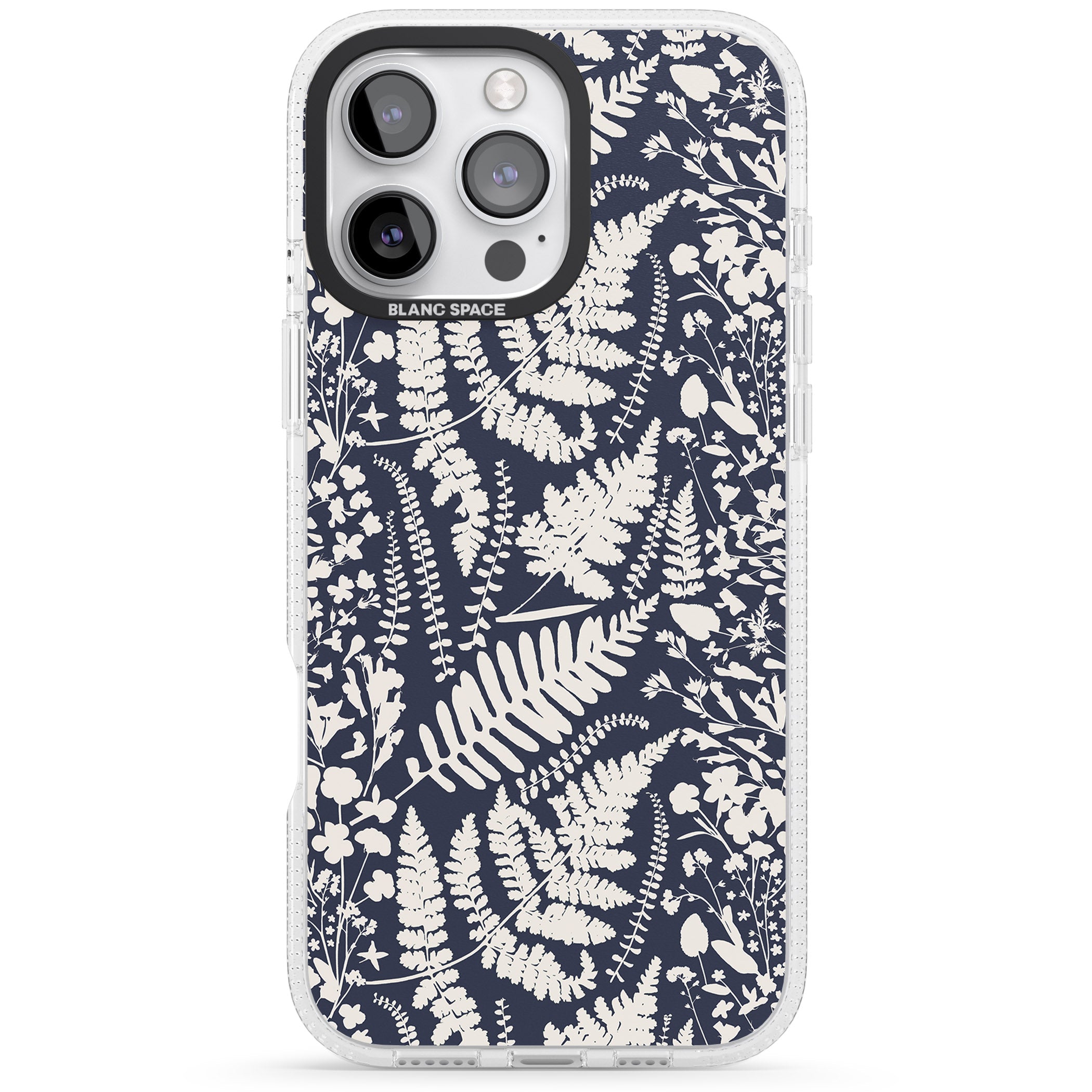 Wildflowers and Ferns on Navy iPhone 16 Pro Max / 16 Pro Clear Case Impact Air - Blanc Space