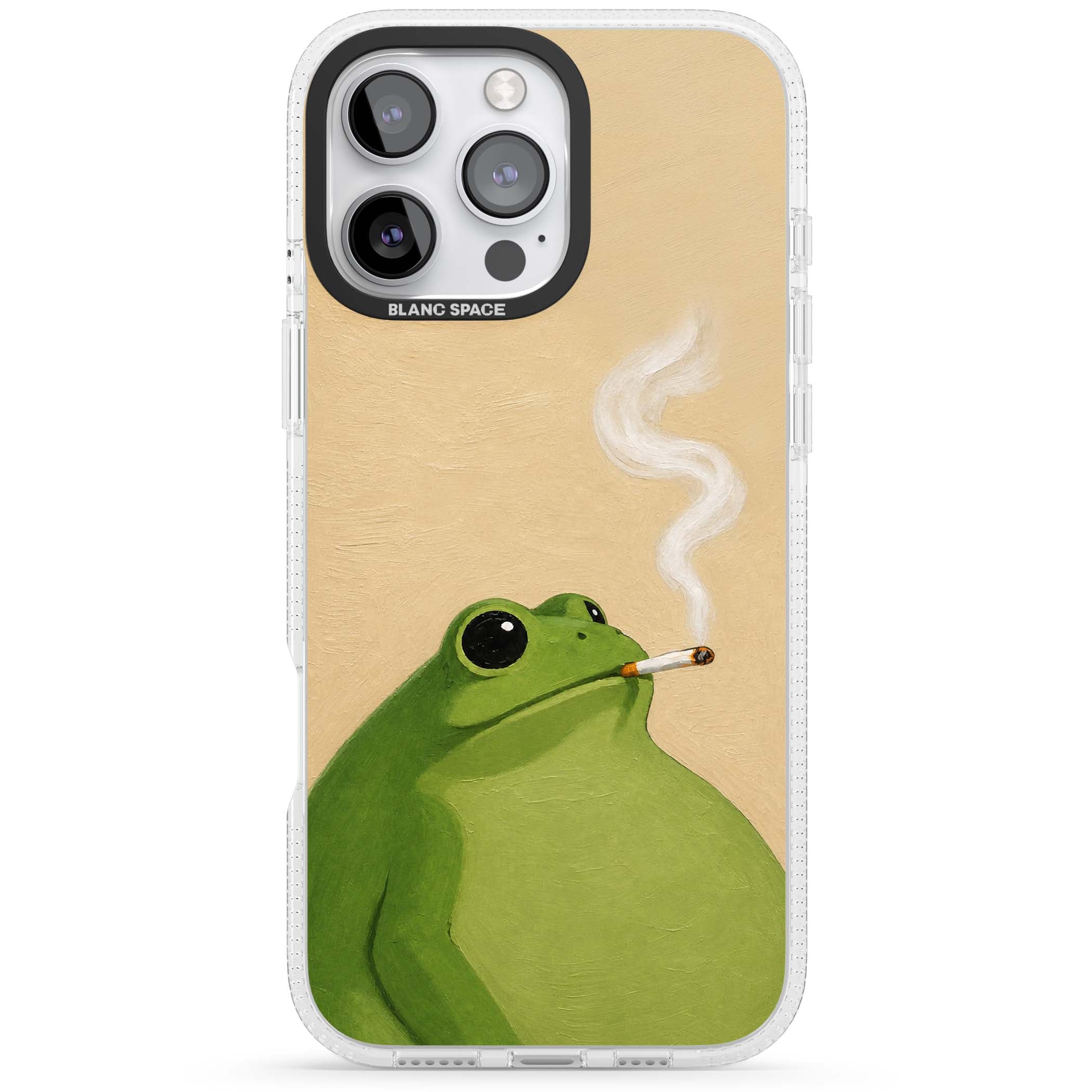The Smoking Frog cottagecore iPhone case featuring a hand-painted green frog smoking a cigarette on a cream oil painting back | Clear Case Impact Air case for iPhone 16 Pro, iPhone 16 Pro Max