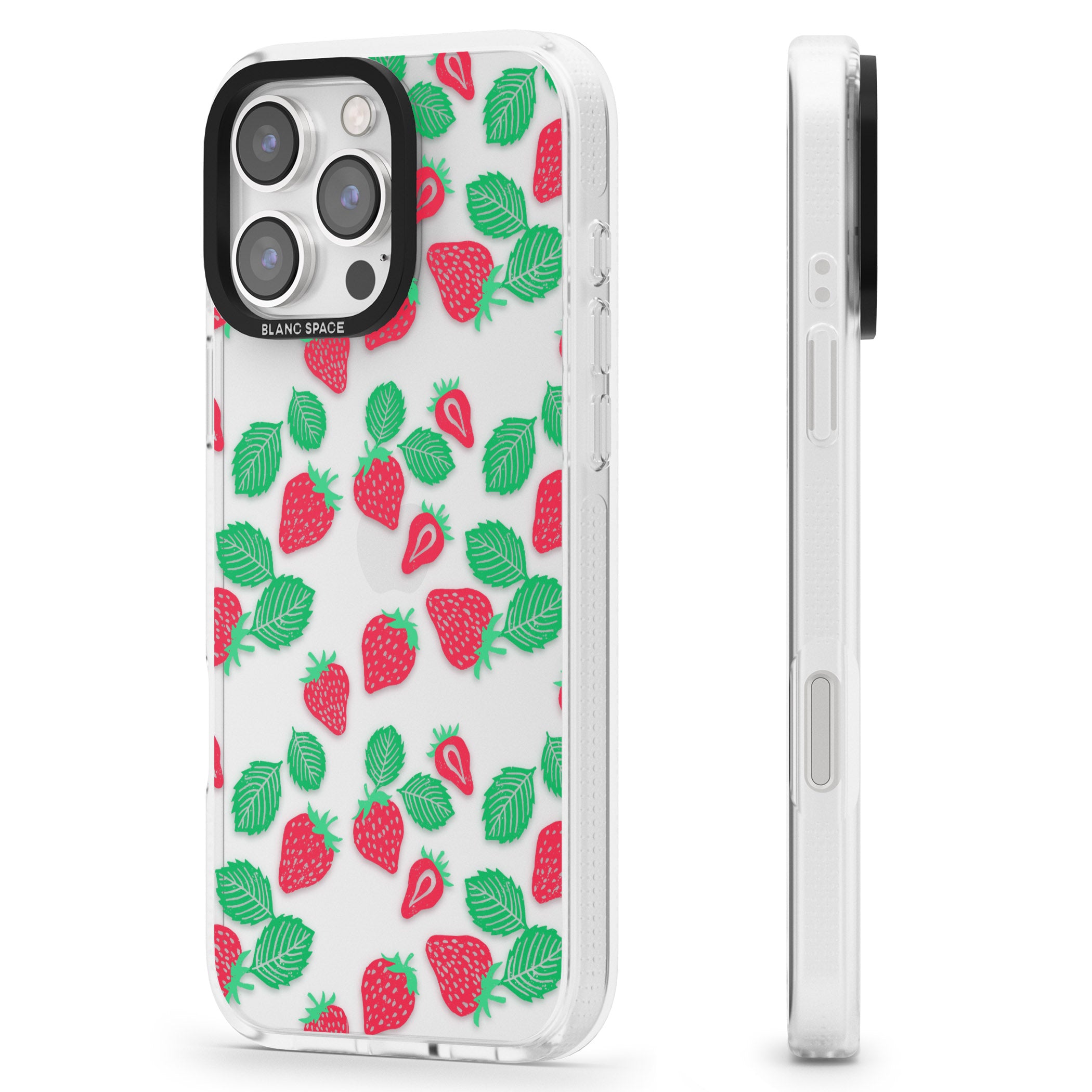 Strawberry Pattern iPhone 16 Pro Max / 16 Pro Clear Case Impact Air - Blanc Space