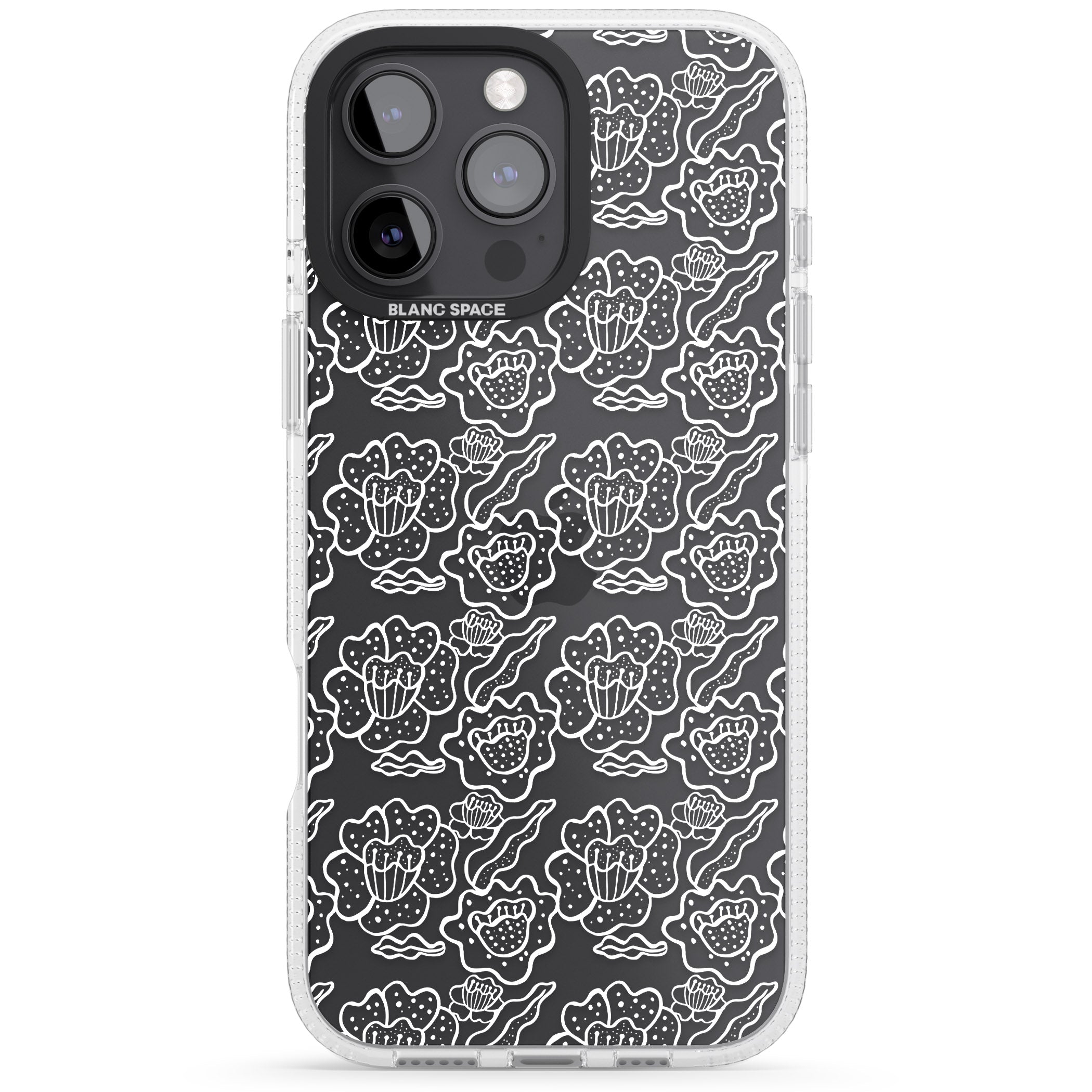 Funky Floral Patterns White on Clear iPhone 16 Pro Max / 16 Pro Clear Case Impact Air - Blanc Space
