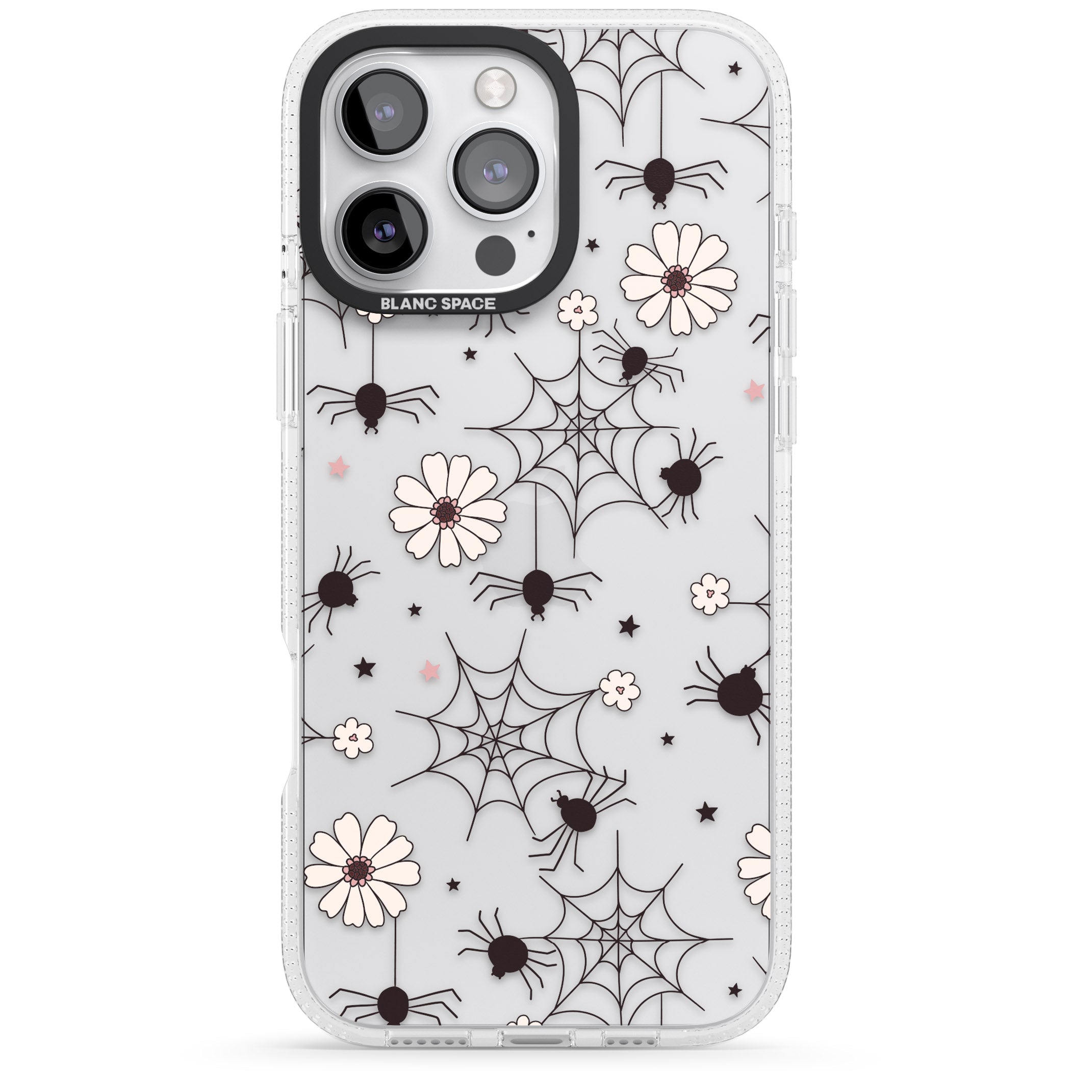 Spiders and Flowers Pattern iPhone 16 Pro Max / 16 Pro Clear Case Impact Air - Blanc Space