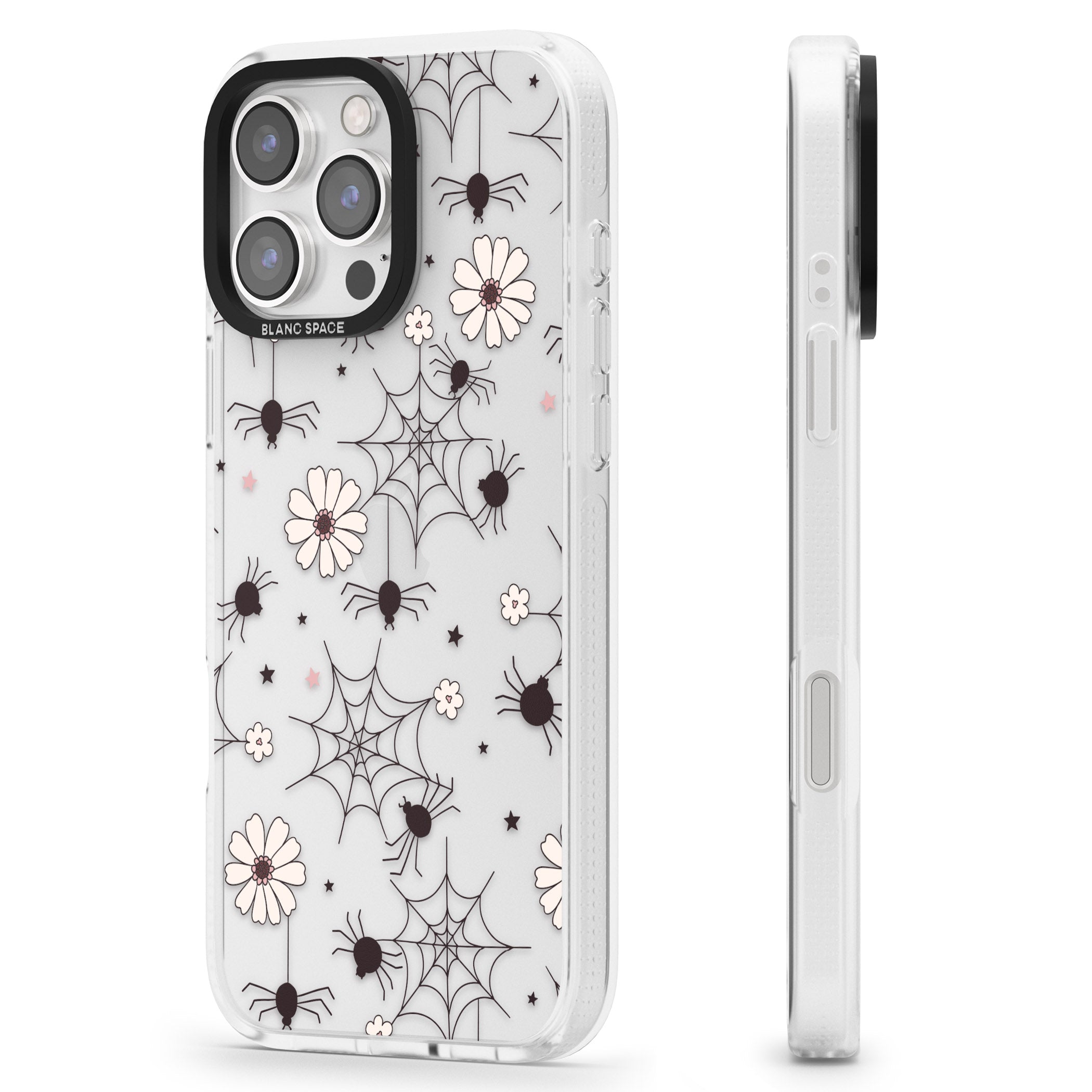 Spiders and Flowers Pattern iPhone 16 Pro Max / 16 Pro Clear Case Impact Air - Blanc Space
