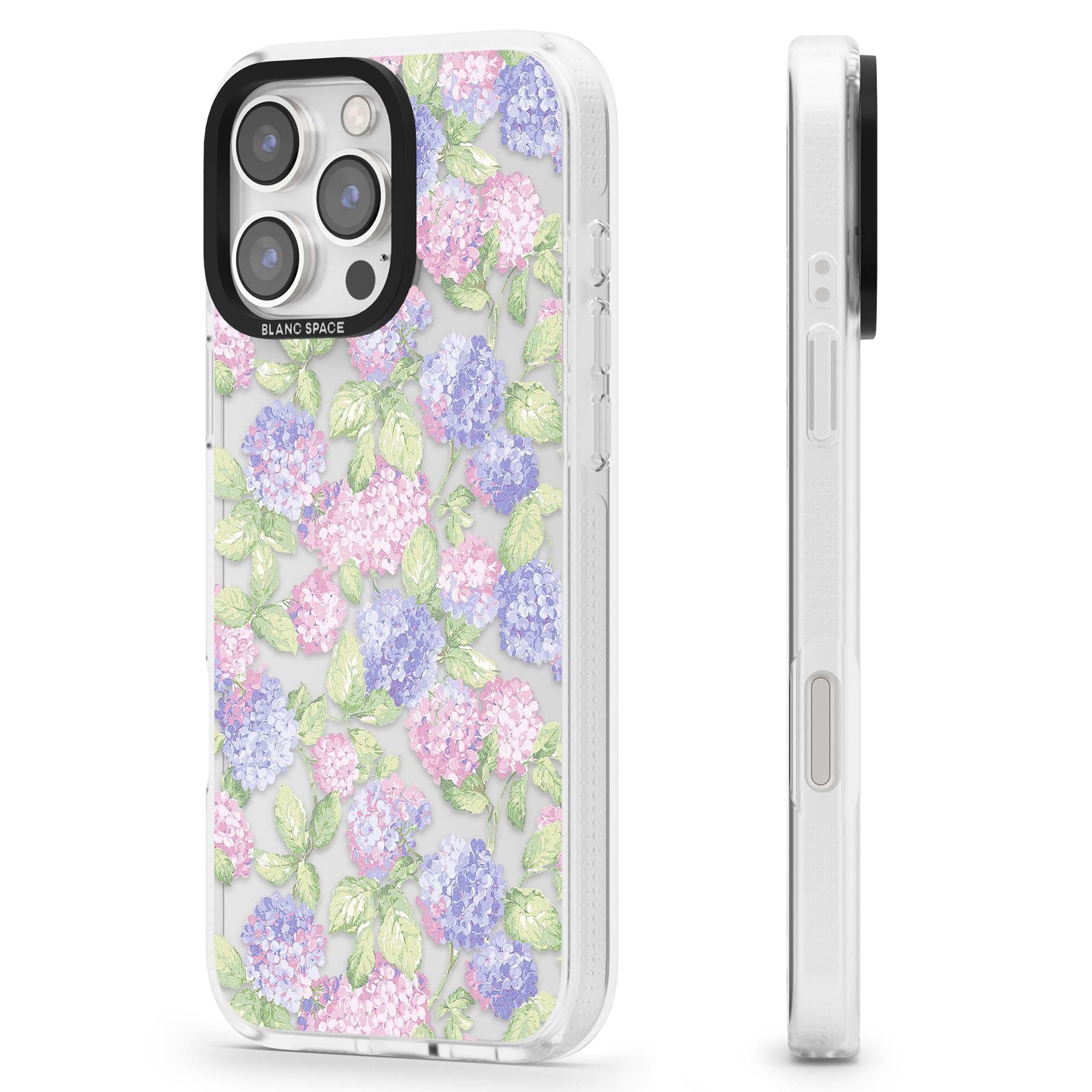 Cottage Hydrangea cottagecore iPhone case featuring pink and purple hydrangea blooms with green leaves on a clear background | Clear Case Impact Air case for iPhone 16 Pro, iPhone 16 Pro Max