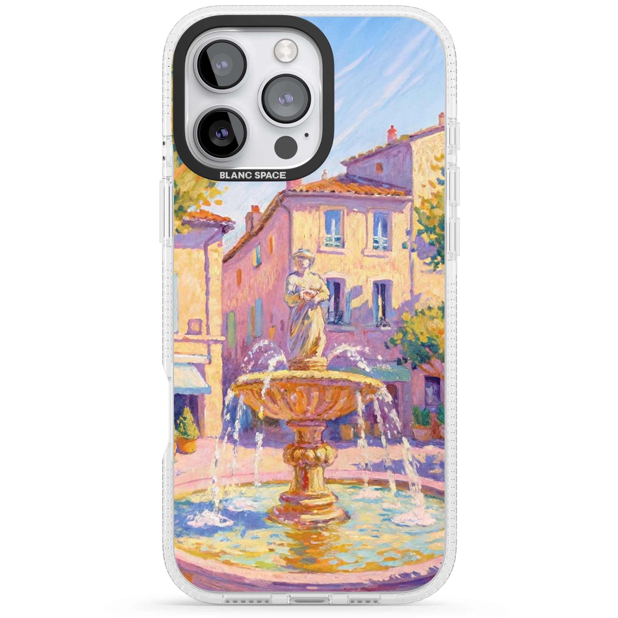 Fountain Square fine art iPhone case featuring an impressionist Provençal fountain, pastel village buildings and summe | Clear Case Impact Air case for iPhone 16 Pro, iPhone 16 Pro Max