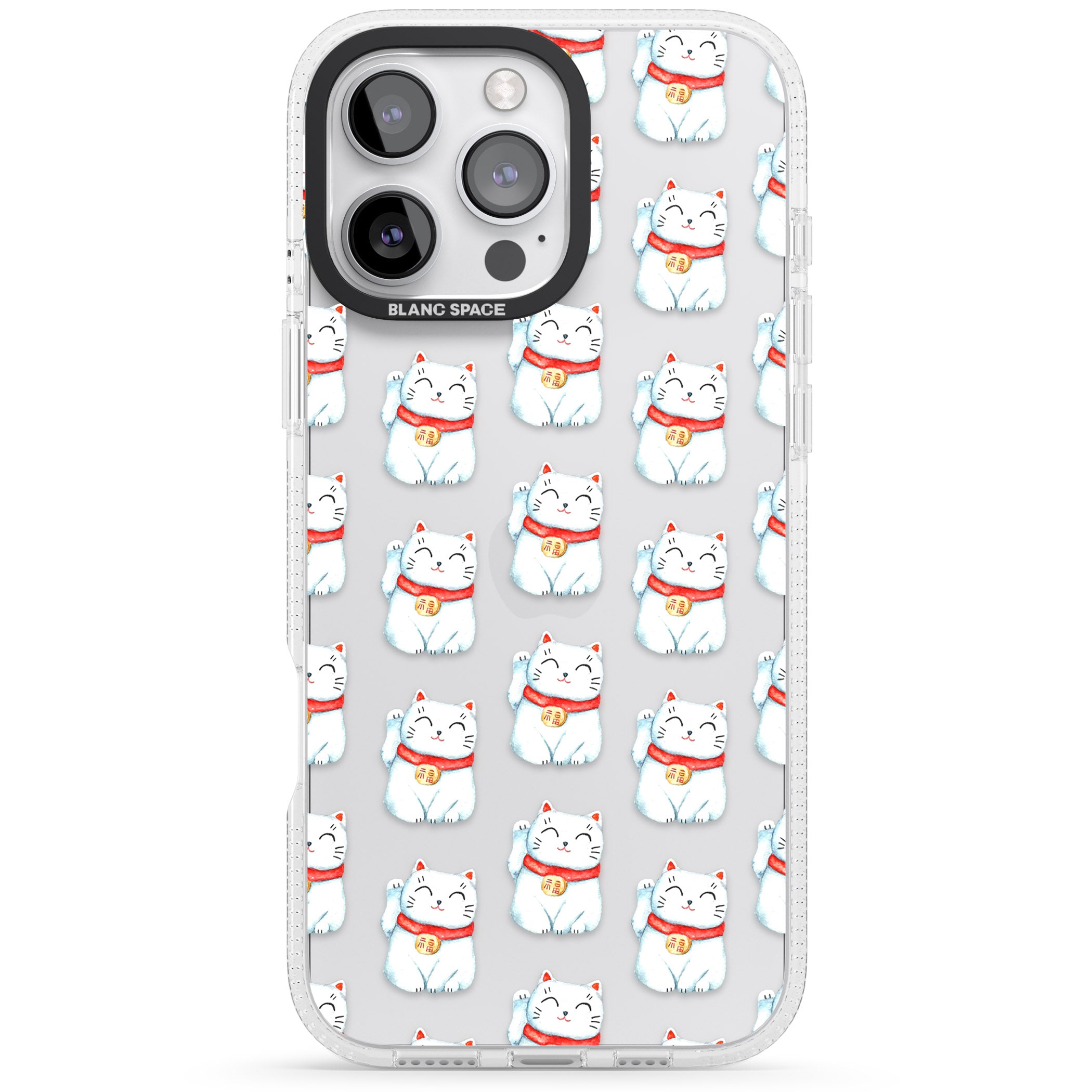 Lucky Cat Maneki-Neko Japanese Pattern iPhone 16 Pro Max / 16 Pro Clear Case Impact Air - Blanc Space