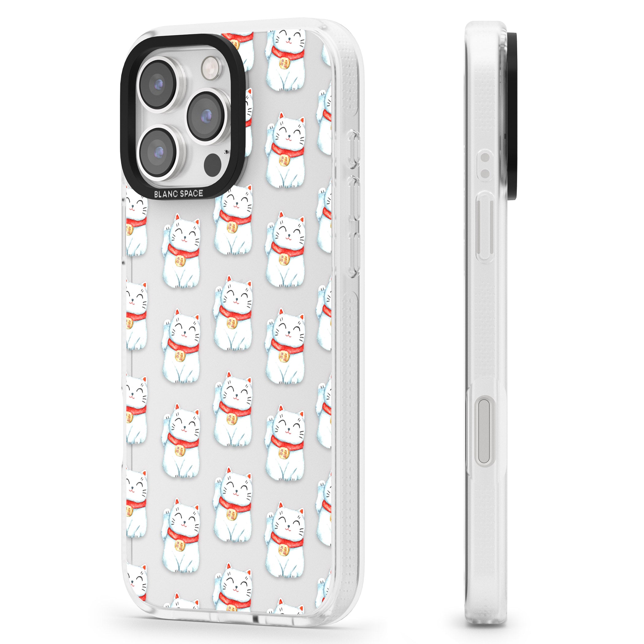Lucky Cat Maneki-Neko Japanese Pattern iPhone 16 Pro Max / 16 Pro Clear Case Impact Air - Blanc Space