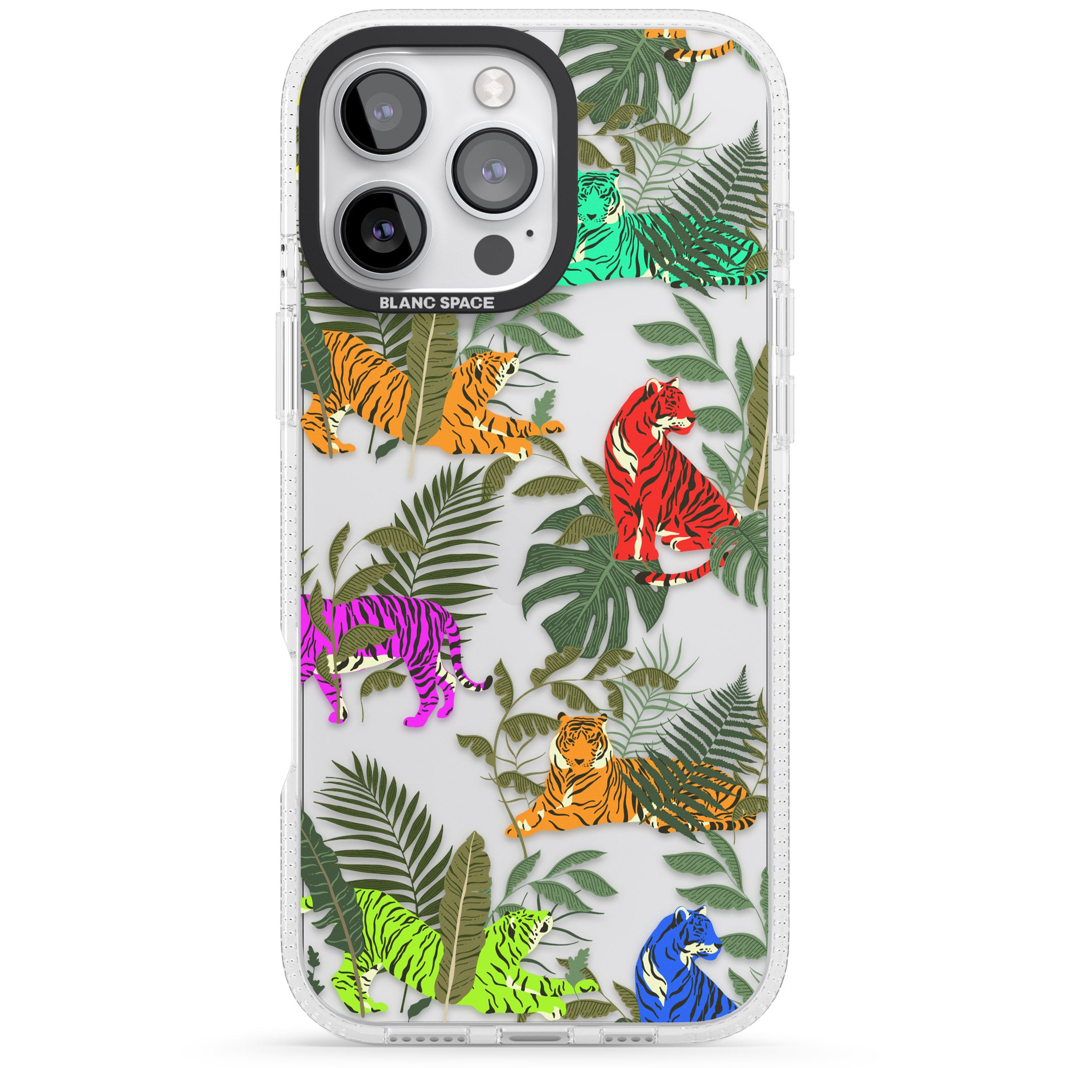Colourful Tiger Jungle Cat Pattern iPhone 16 Pro Max / 16 Pro Clear Case Impact Air - Blanc Space