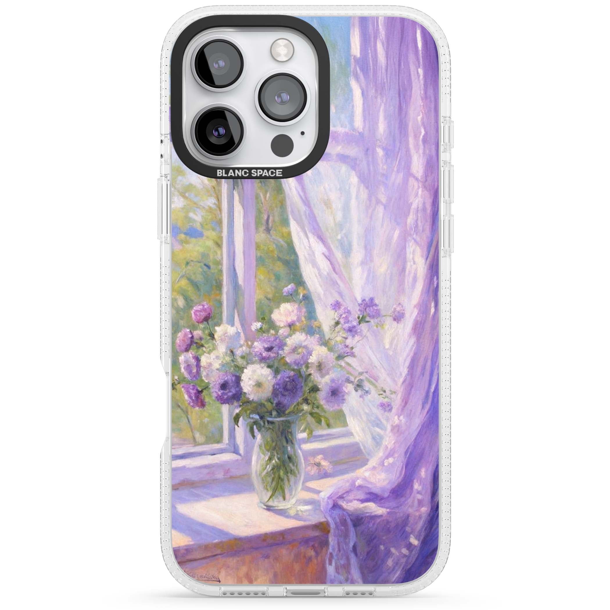 A Provence Morning impressionist art iPhone case featuring a vase of purple flowers, sunlit window and sheer curt | Clear Case Impact Air case for iPhone 16 Pro, iPhone 16 Pro Max