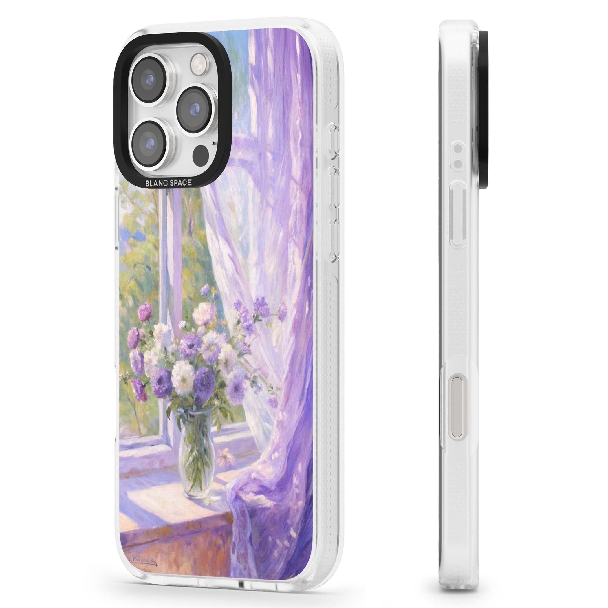 A Provence Morning impressionist art iPhone case featuring a vase of purple flowers, sunlit window and sheer curt | Clear Case Impact Air case for iPhone 16 Pro, iPhone 16 Pro Max