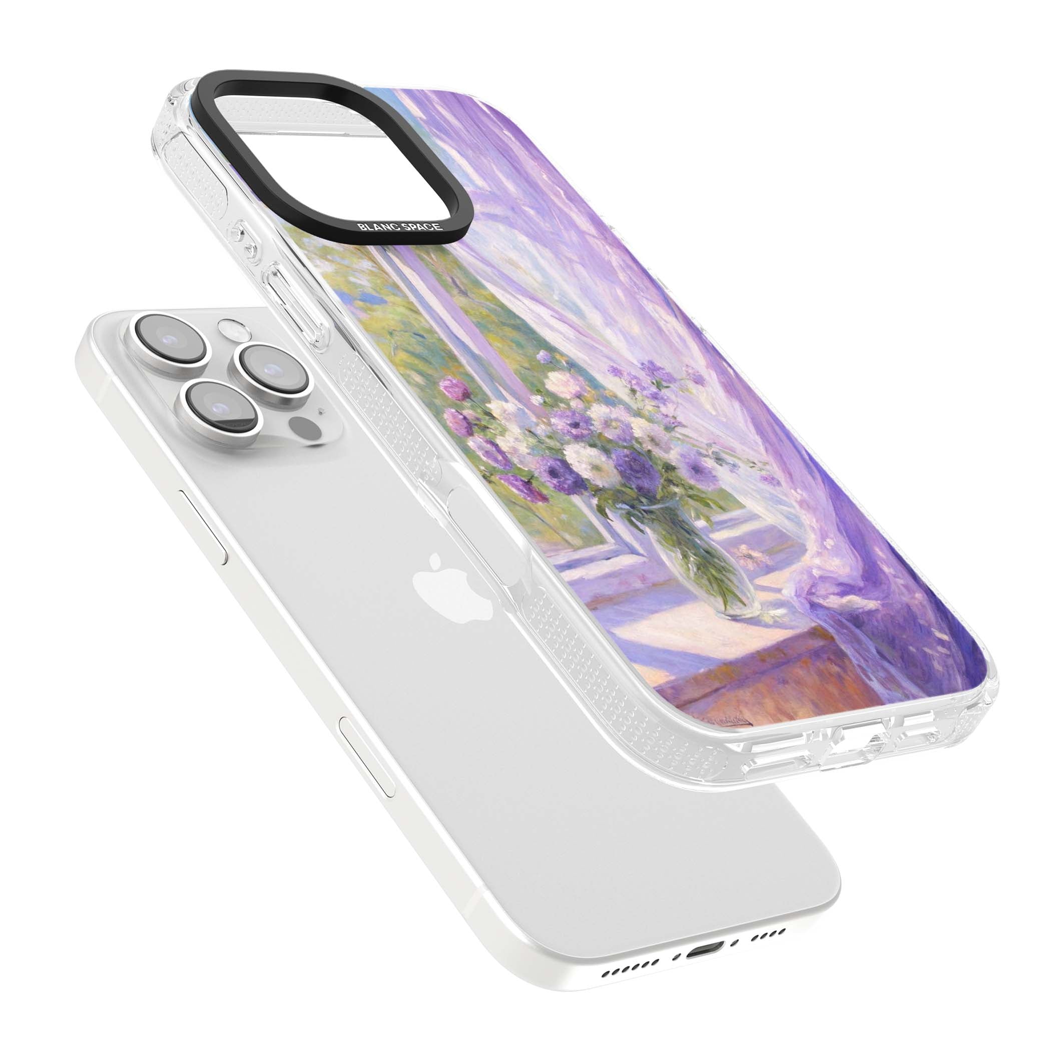 A Provence Morning impressionist art iPhone case featuring a vase of purple flowers, sunlit window and sheer curt | Clear Case Impact Air case for iPhone 16 Pro, iPhone 16 Pro Max