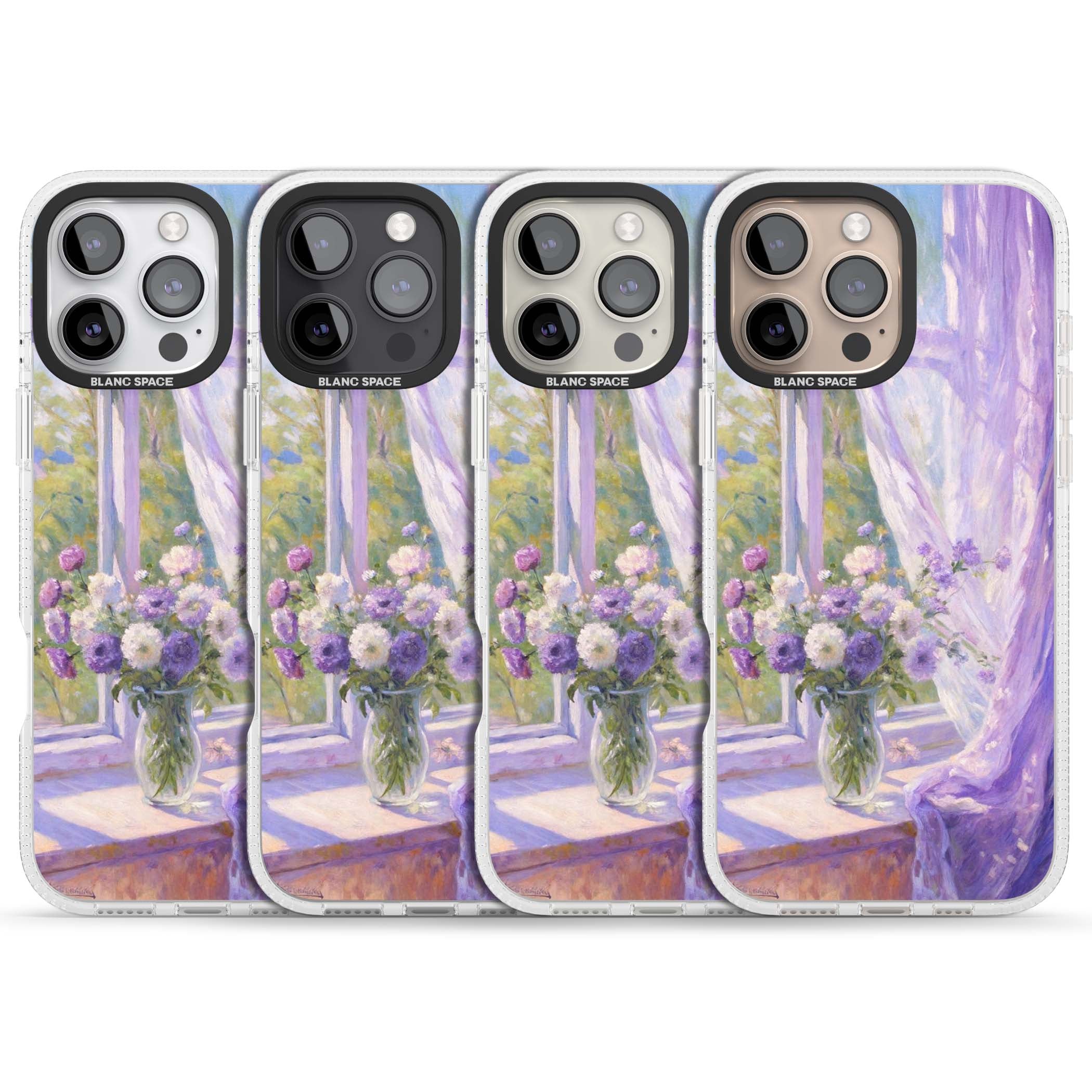 A Provence Morning impressionist art iPhone case featuring a vase of purple flowers, sunlit window and sheer curt | Clear Case Impact Air case for iPhone 16 Pro, iPhone 16 Pro Max