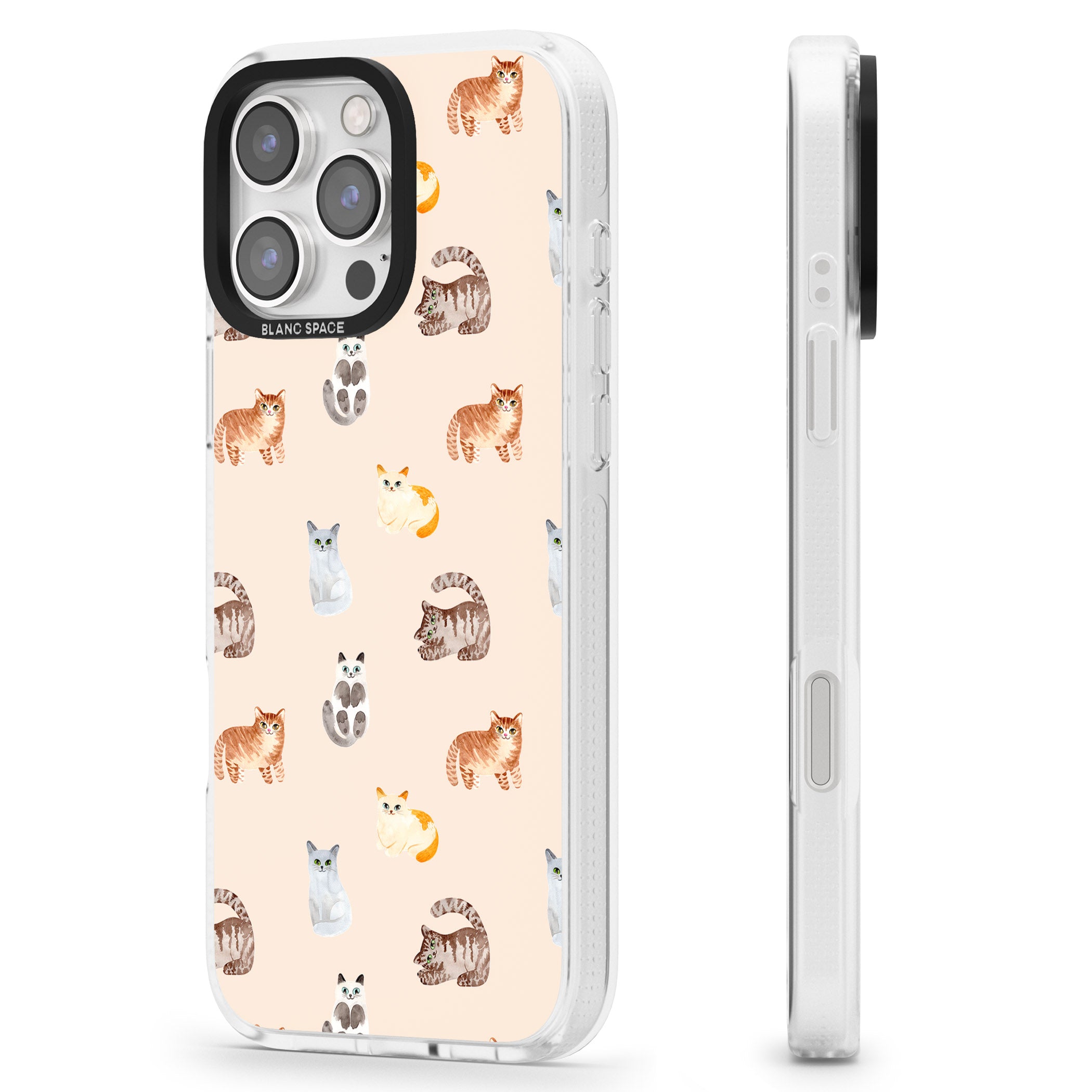 Cute Cat Pattern iPhone 16 Pro Max / 16 Pro Clear Case Impact Air - Blanc Space