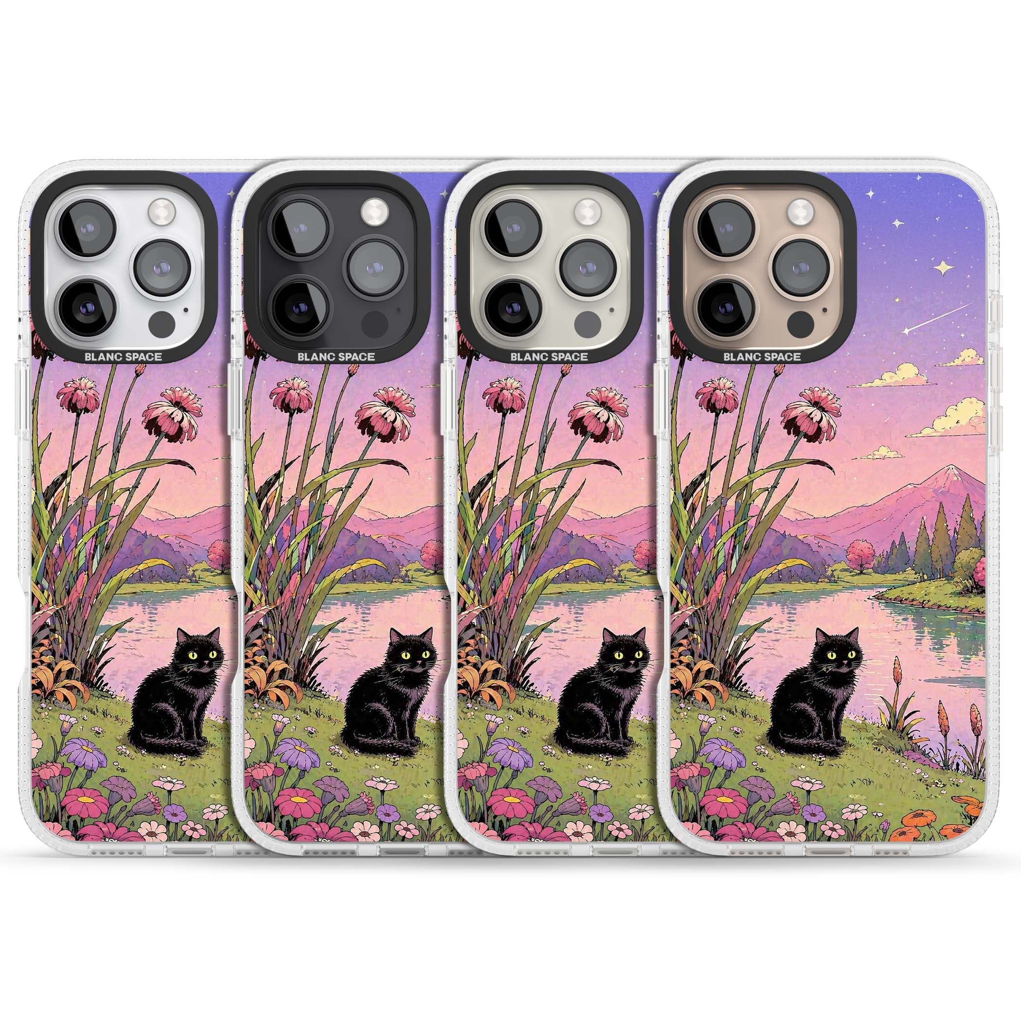 Mystic Whiskers ghibli iPhone case featuring a black cat by a pastel lake, wildflowers and a starry sunset sky | Clear Case Impact Air case for iPhone 16 Pro, iPhone 16 Pro Max