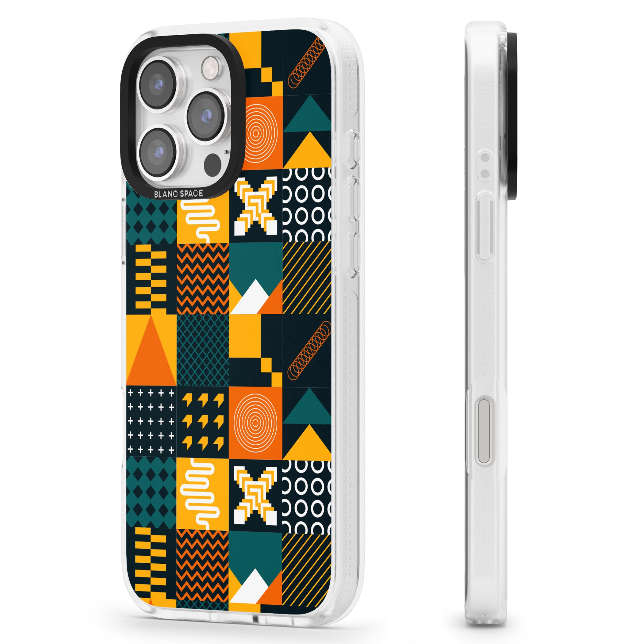 Funky Geometric Patterns: Orange & Dark Green iPhone 16 Pro Max / 16 Pro Clear Case Impact Air - Blanc Space