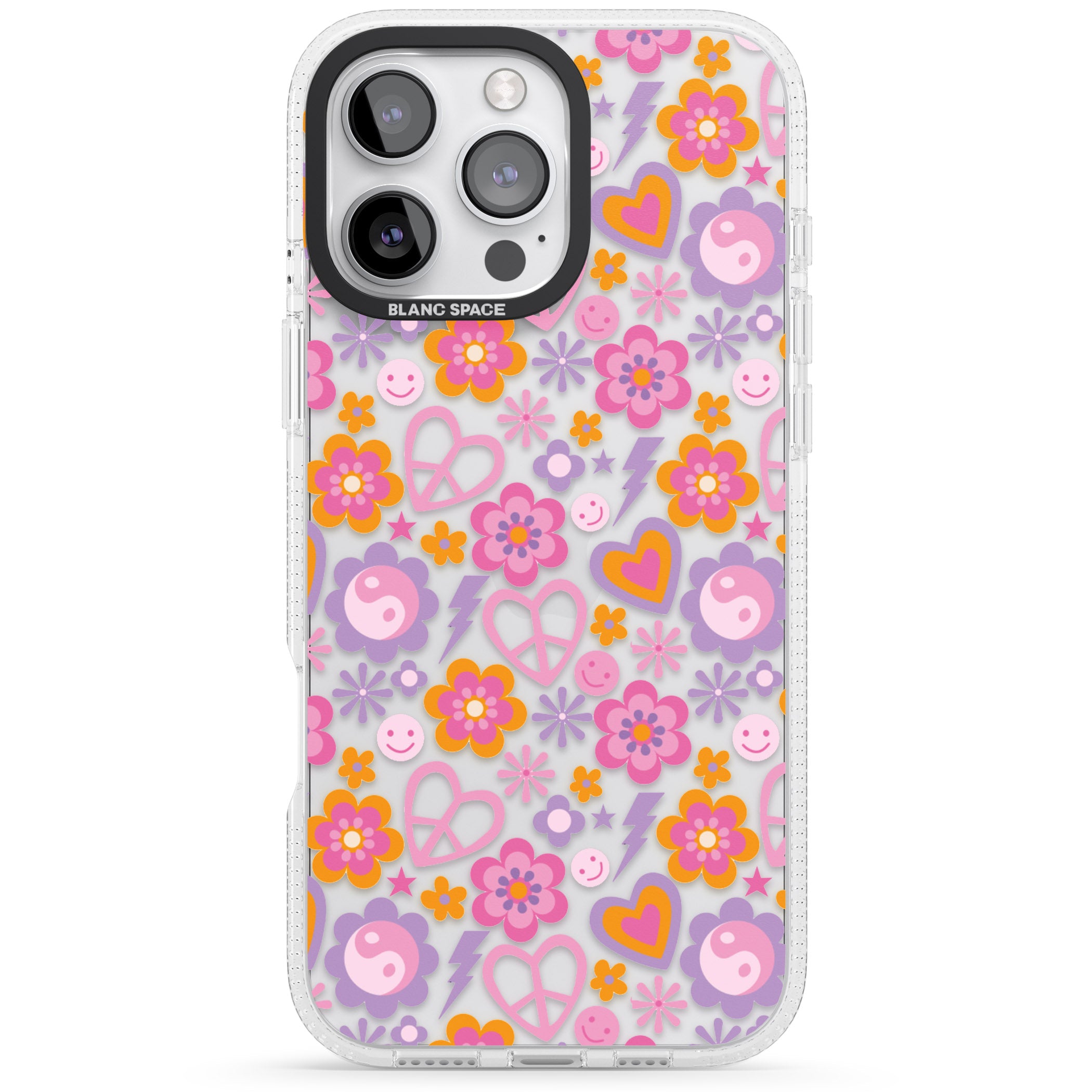 Peace, Love and Flowers Pattern iPhone 16 Pro Max / 16 Pro Clear Case Impact Air - Blanc Space