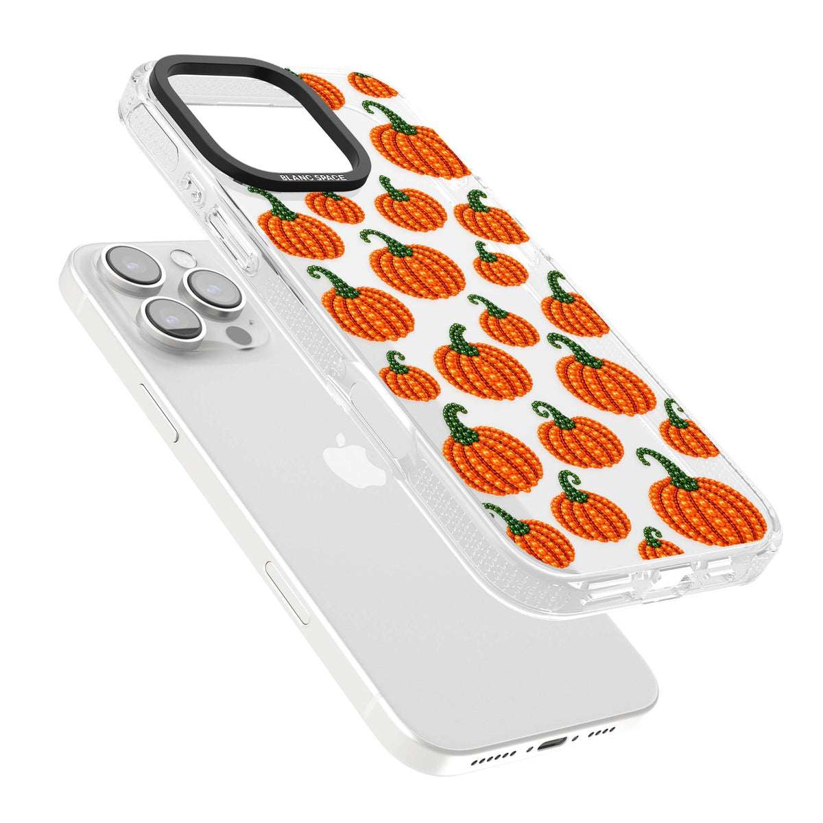 Beaded Pumpkins halloween iPhone case featuring beaded orange pumpkins with green stems on a clear background | Clear Case Impact Air case for iPhone 16 Pro, iPhone 16 Pro Max