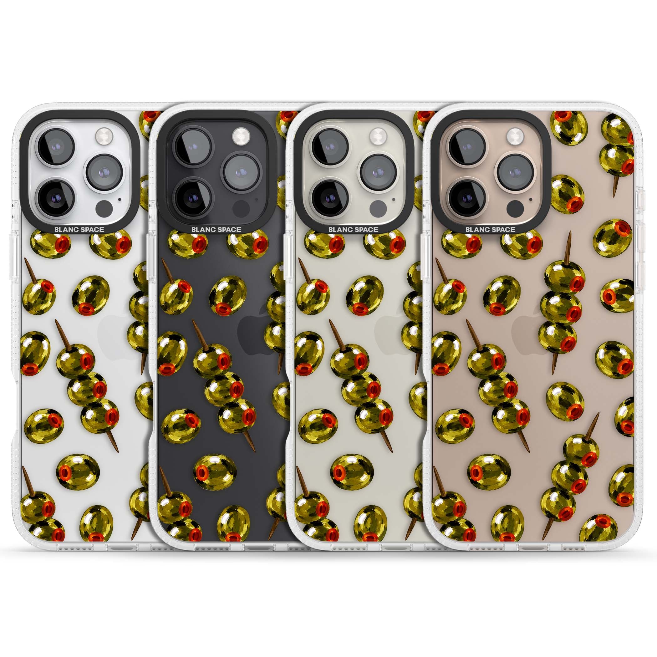 Painted Olives cocktail iPhone case featuring green olives, pimento centres and toothpick skewers on a clear background | Clear Case Impact Air case for iPhone 16 Pro, iPhone 16 Pro Max