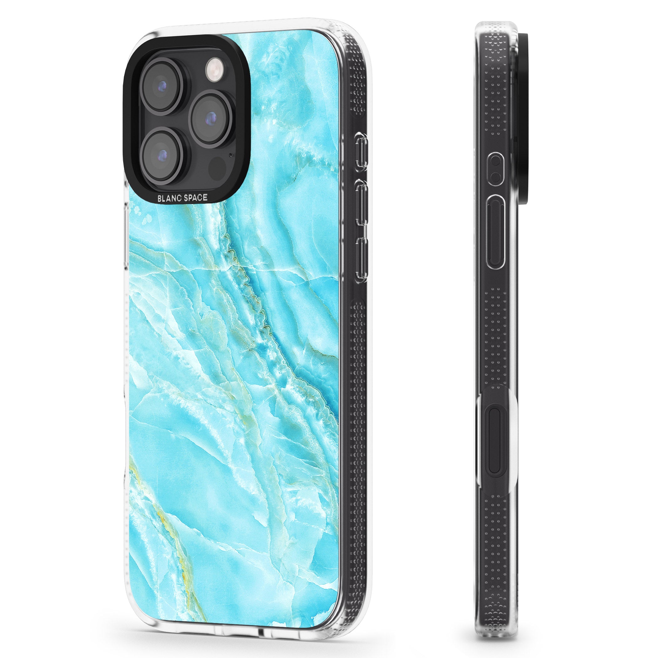 Bright Blue Onyx Marble iPhone 16 Pro Max / 16 Pro Clear Case Impact Air - Blanc Space