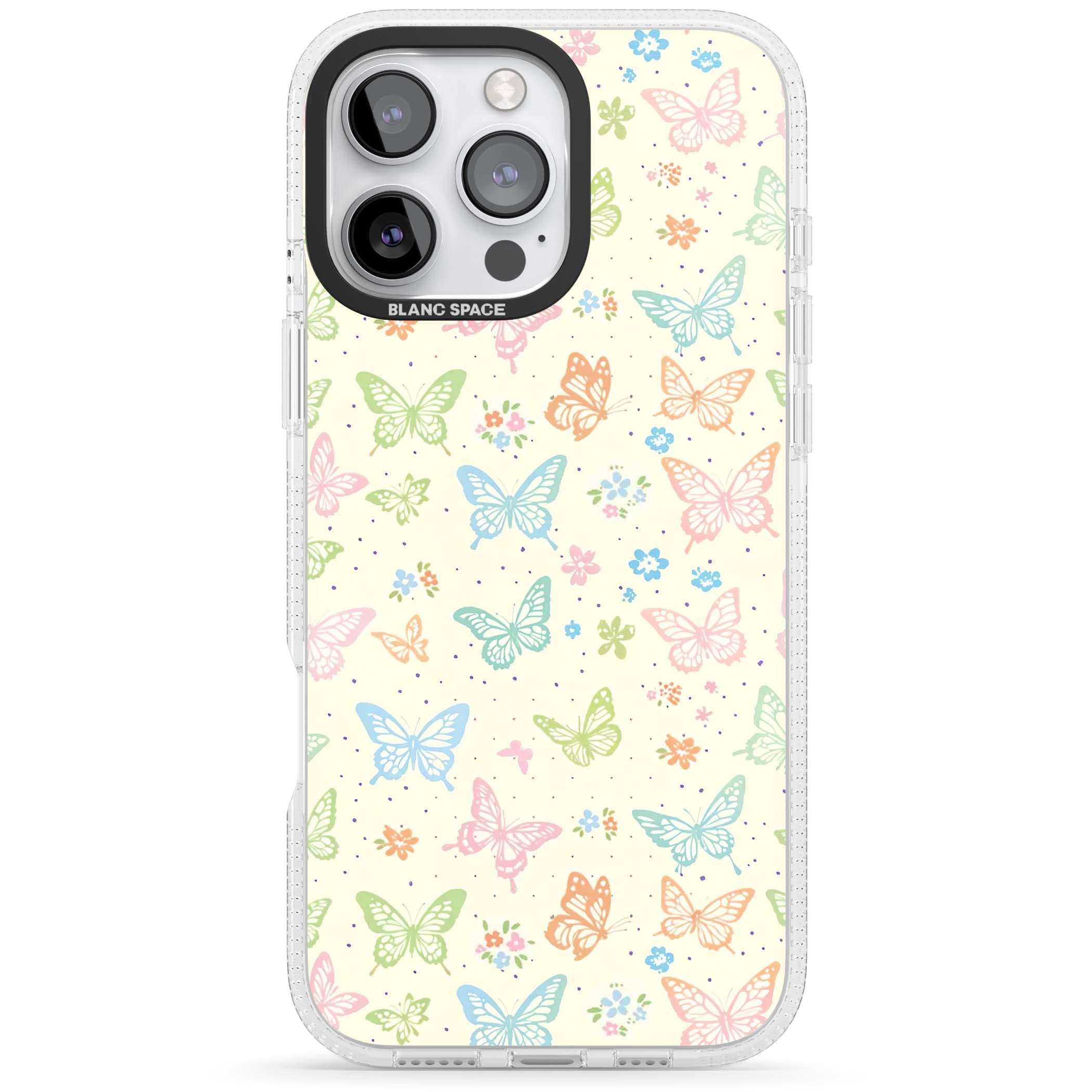 Sugar Wings cottagecore iPhone case featuring rainbow pastel butterflies, tiny wildflowers, and a cream background | Clear Case Impact Air case for iPhone 16 Pro, iPhone 16 Pro Max