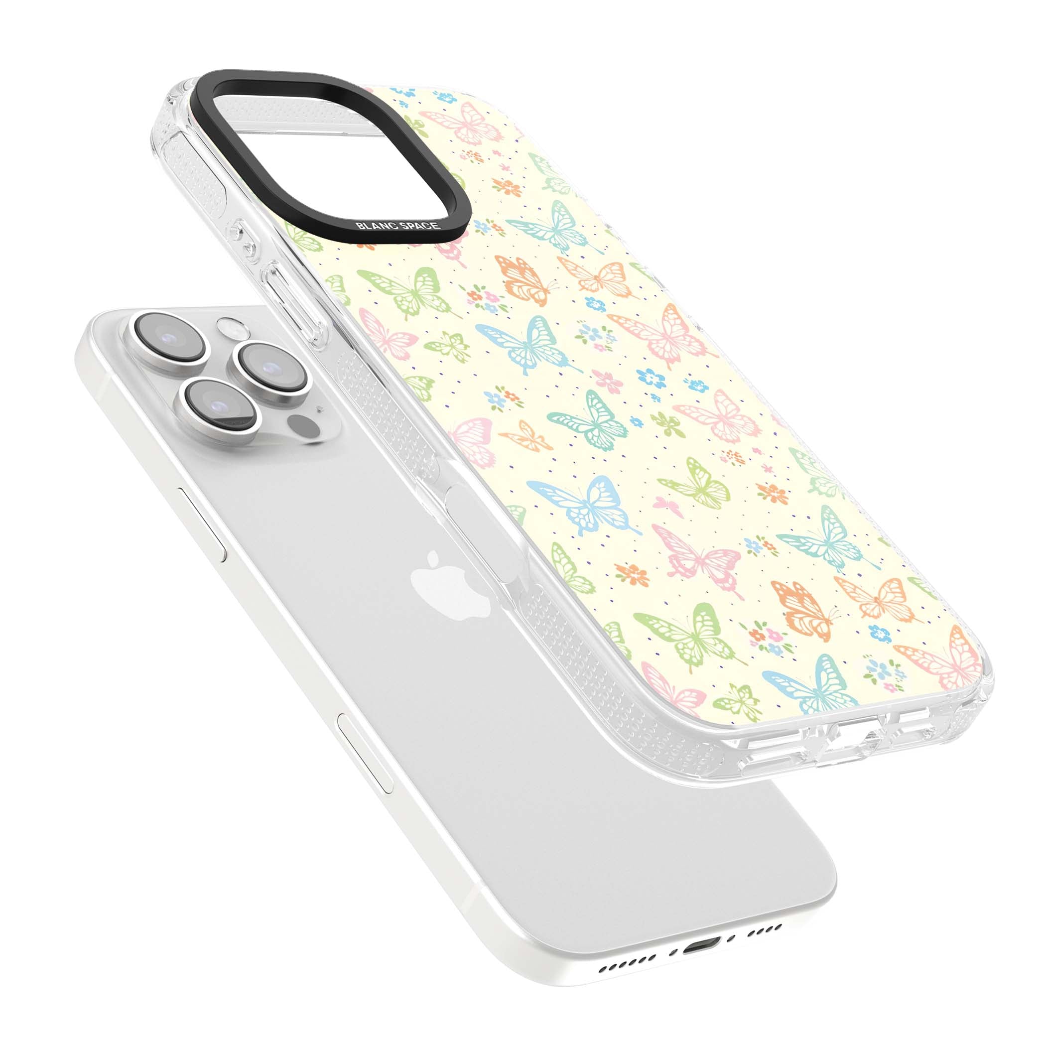 Sugar Wings cottagecore iPhone case featuring rainbow pastel butterflies, tiny wildflowers, and a cream background | Clear Case Impact Air case for iPhone 16 Pro, iPhone 16 Pro Max