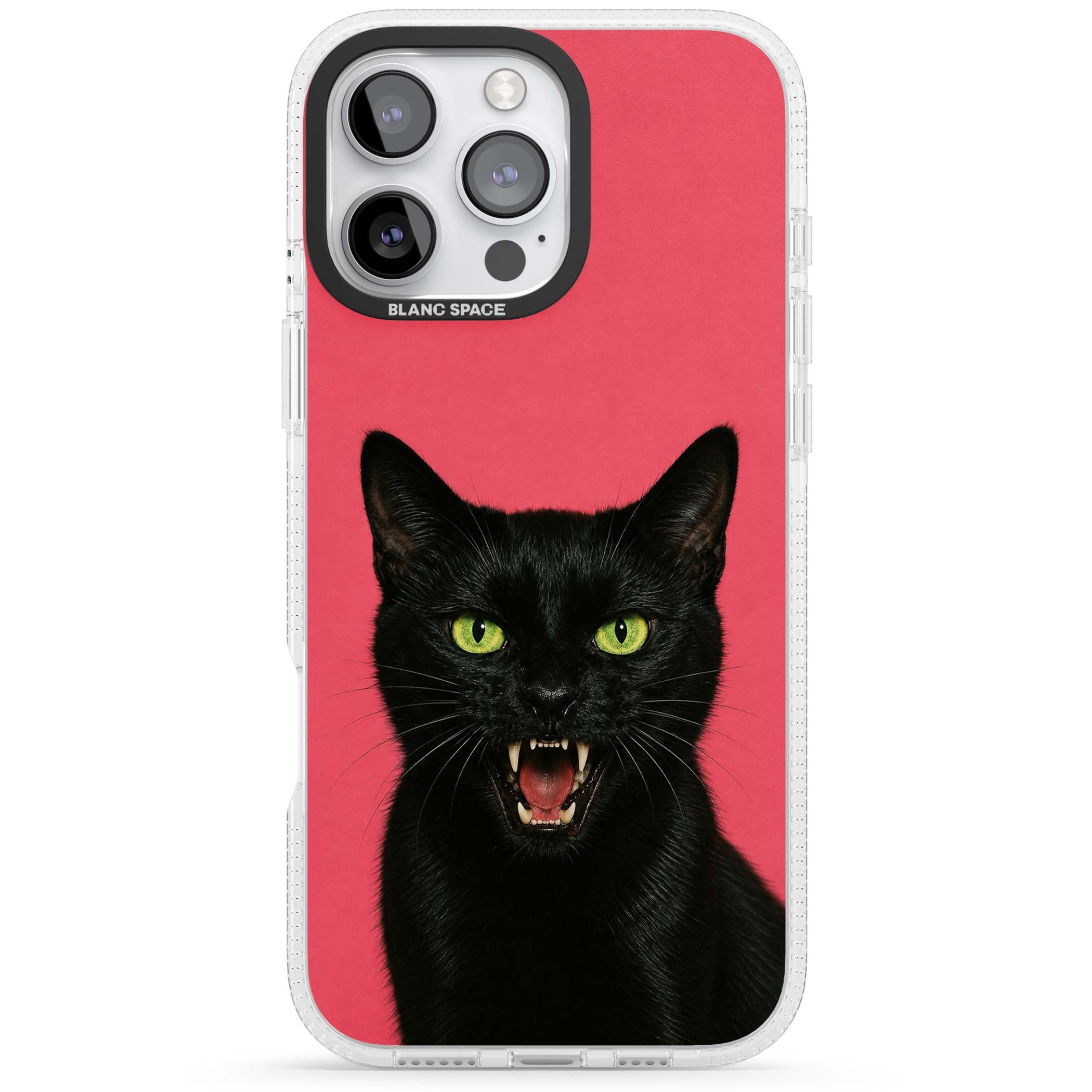 Hissin' Baddie black cat iPhone case featuring a hissing feline with green eyes on a hot pink background | Clear Case Impact Air case for iPhone 16 Pro, iPhone 16 Pro Max