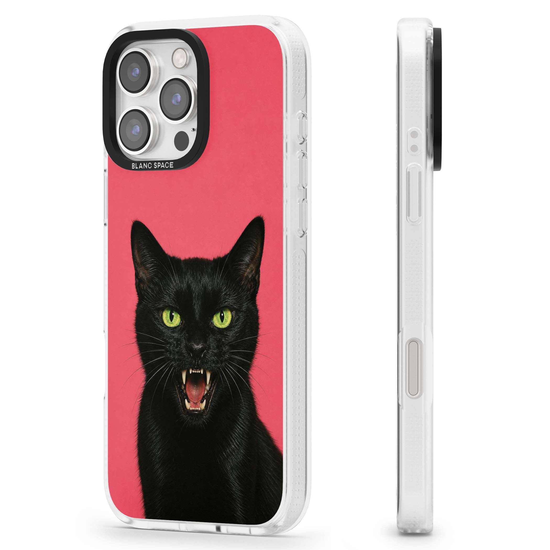 Hissin' Baddie black cat iPhone case featuring a hissing feline with green eyes on a hot pink background | Clear Case Impact Air case for iPhone 16 Pro, iPhone 16 Pro Max