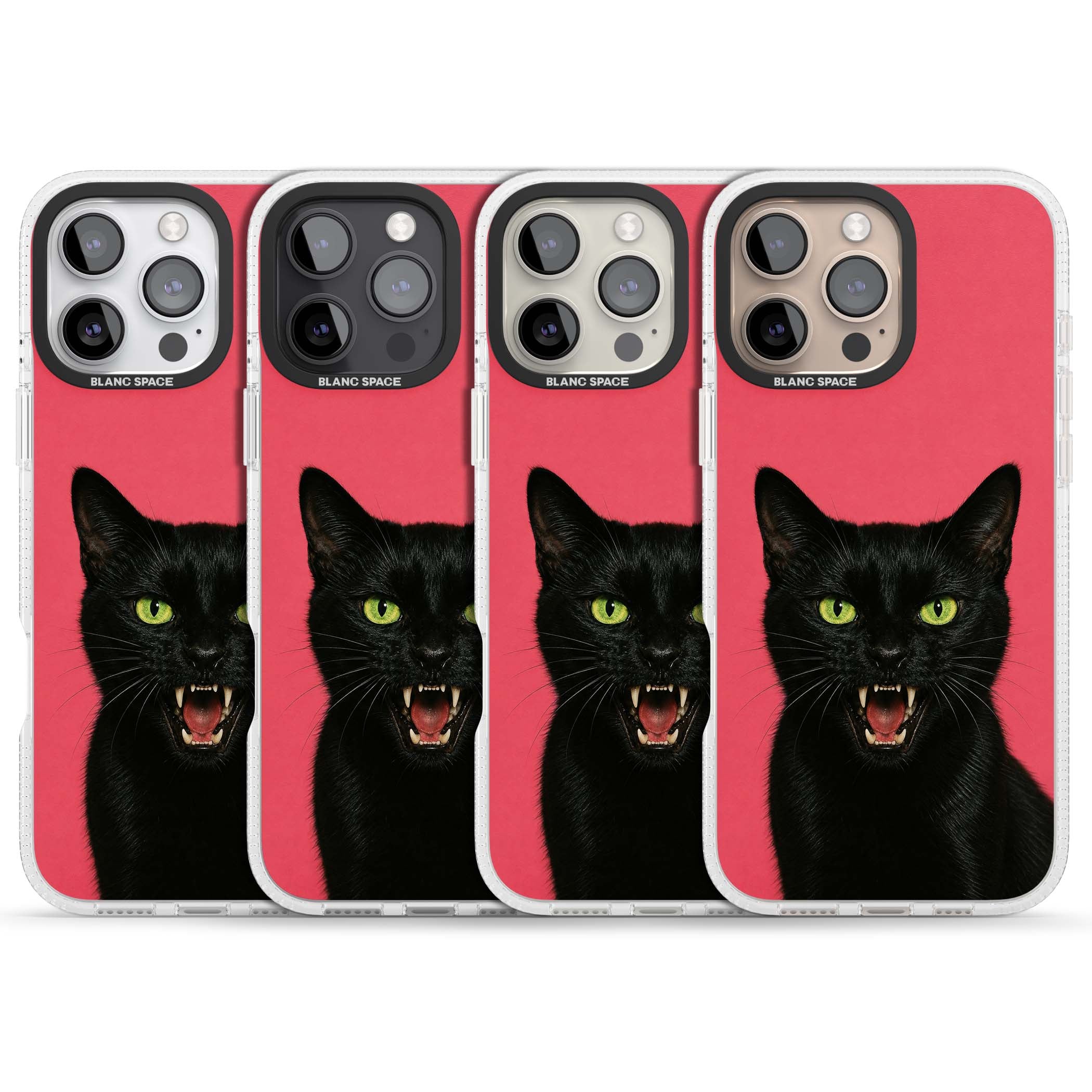 Hissin' Baddie black cat iPhone case featuring a hissing feline with green eyes on a hot pink background | Clear Case Impact Air case for iPhone 16 Pro, iPhone 16 Pro Max