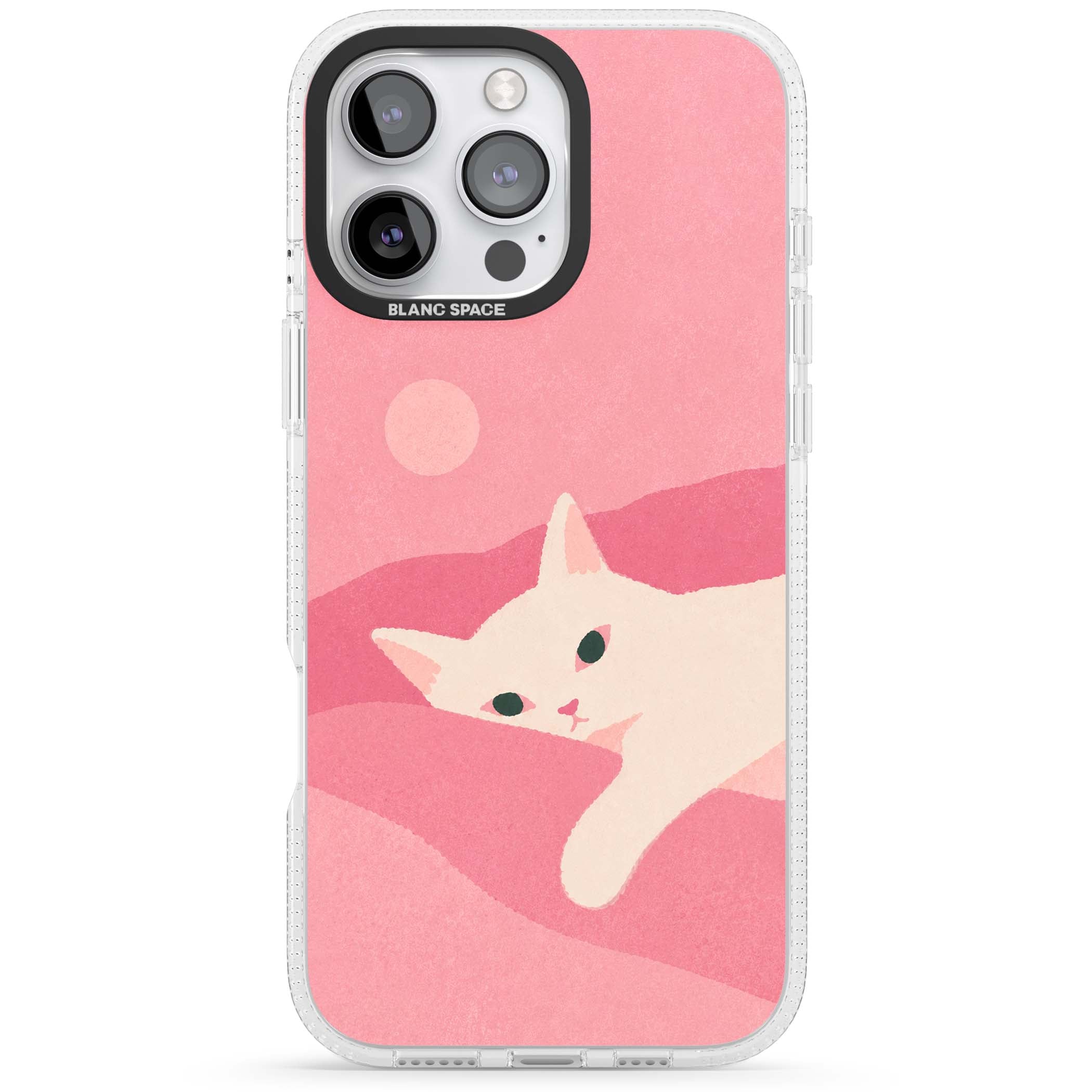 Pink Dreams cute cat iPhone case featuring a white kitten, soft pink hills and a pale pastel sun | Clear Case Impact Air case for iPhone 16 Pro, iPhone 16 Pro Max
