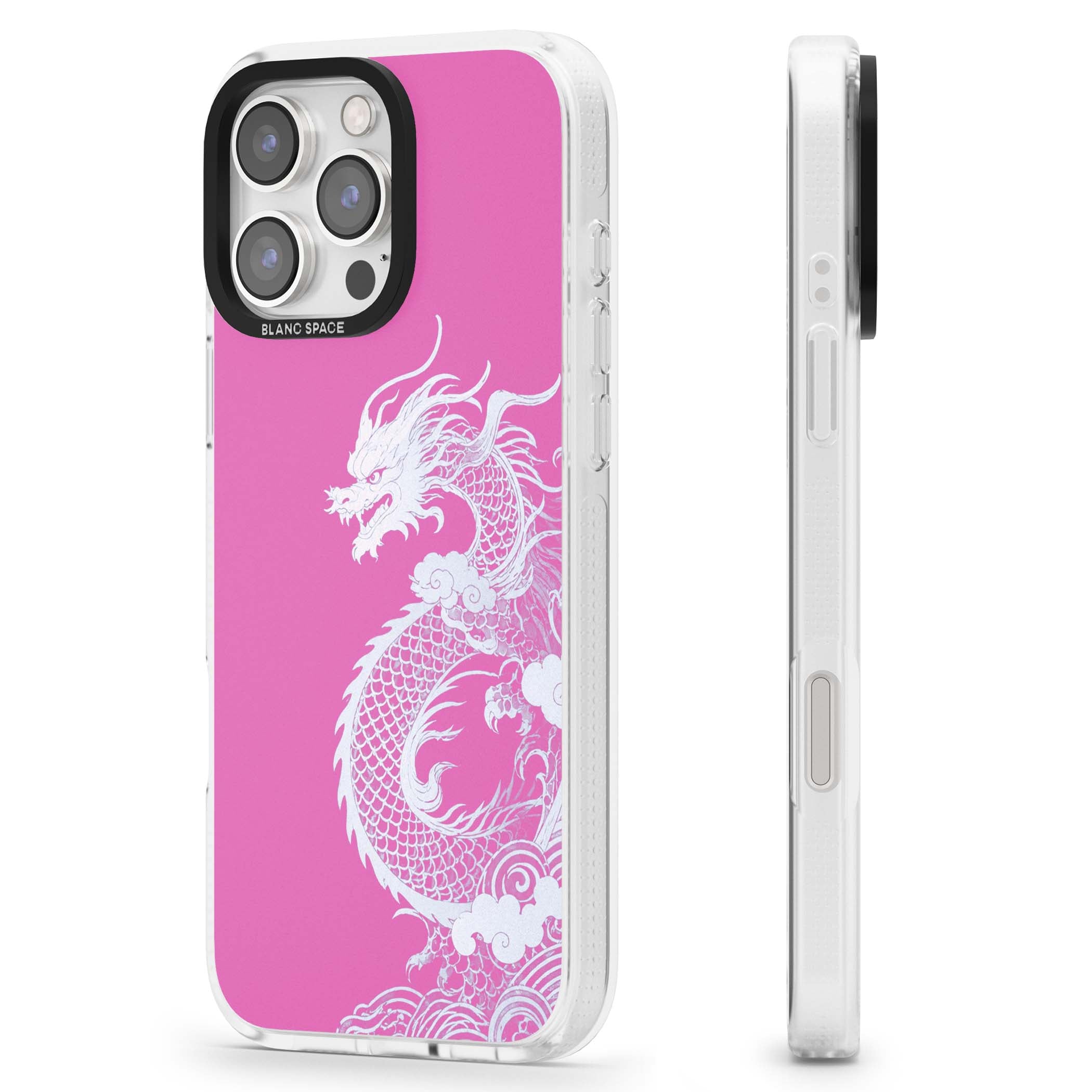 Pink Empress chinese dragon iPhone case featuring a white dragon, swirling clouds and pink dragon wallpaper backdrop | Clear Case Impact Air case for iPhone 16 Pro, iPhone 16 Pro Max