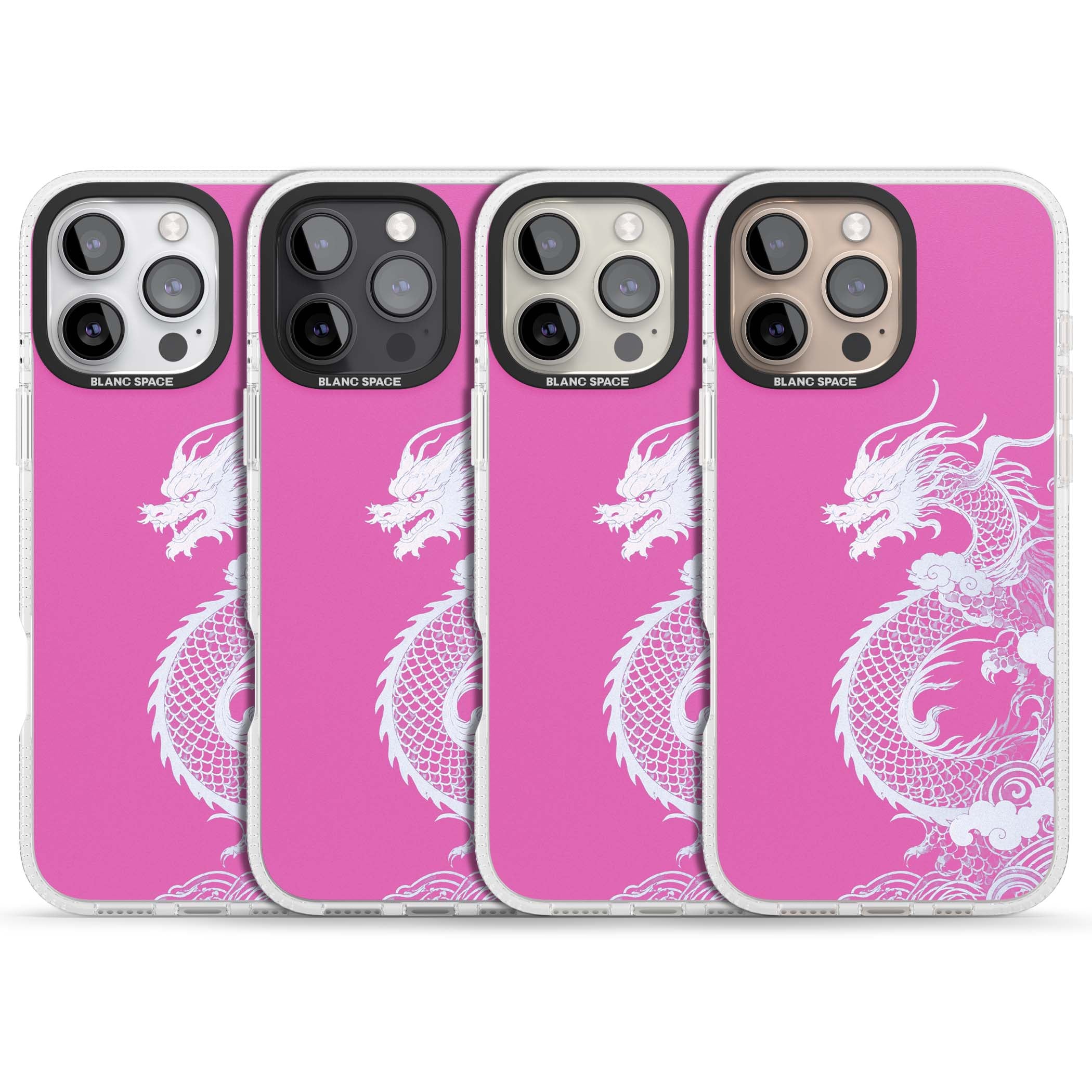 Pink Empress chinese dragon iPhone case featuring a white dragon, swirling clouds and pink dragon wallpaper backdrop | Clear Case Impact Air case for iPhone 16 Pro, iPhone 16 Pro Max
