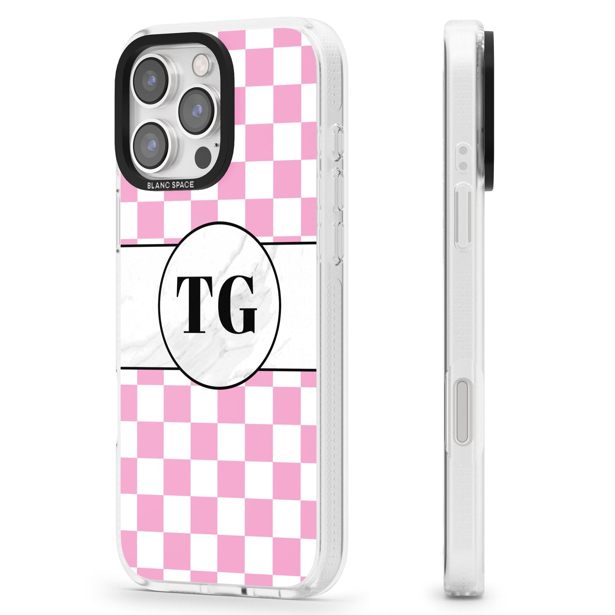 Personalised Monogrammed Pink Check iPhone 16 Pro Max / 16 Pro Clear Case Impact Air - Blanc Space