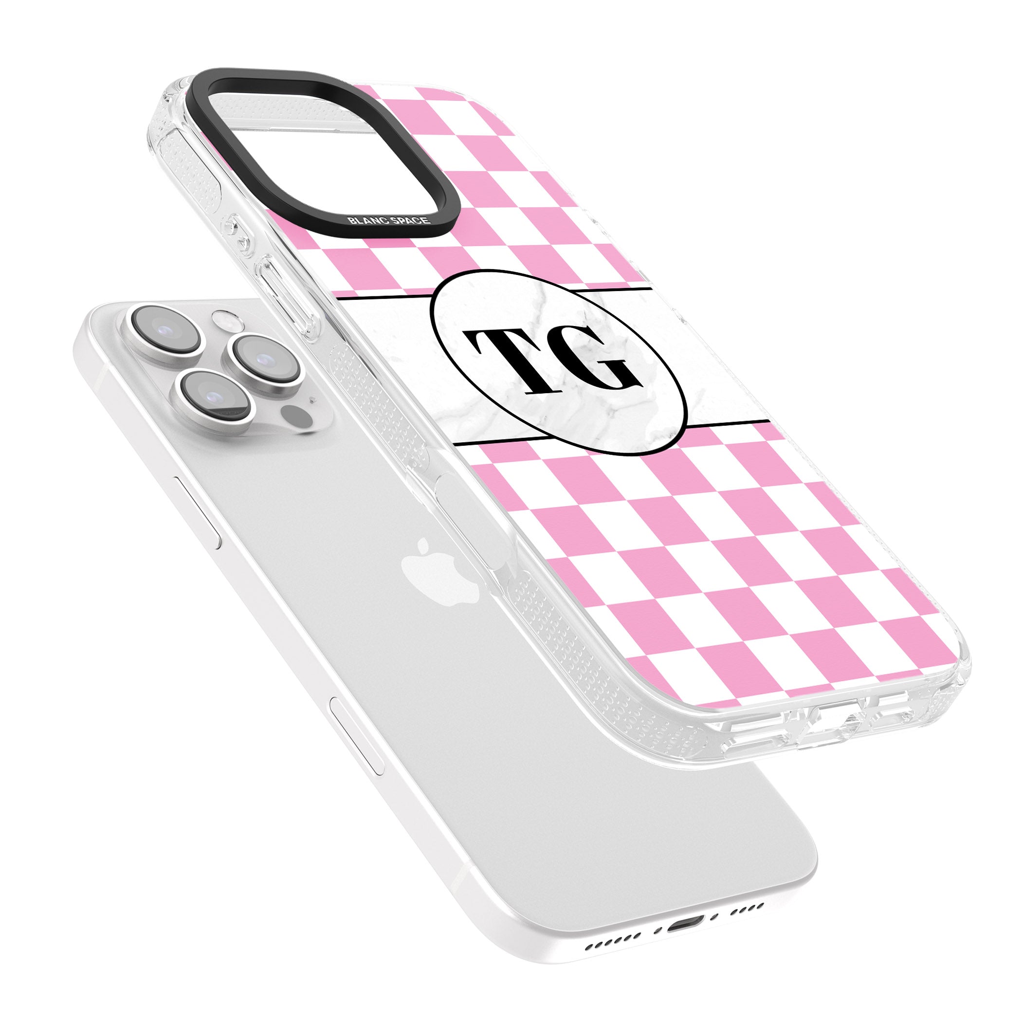 Personalised Monogrammed Pink Check iPhone 16 Pro Max / 16 Pro Clear Case Impact Air - Blanc Space
