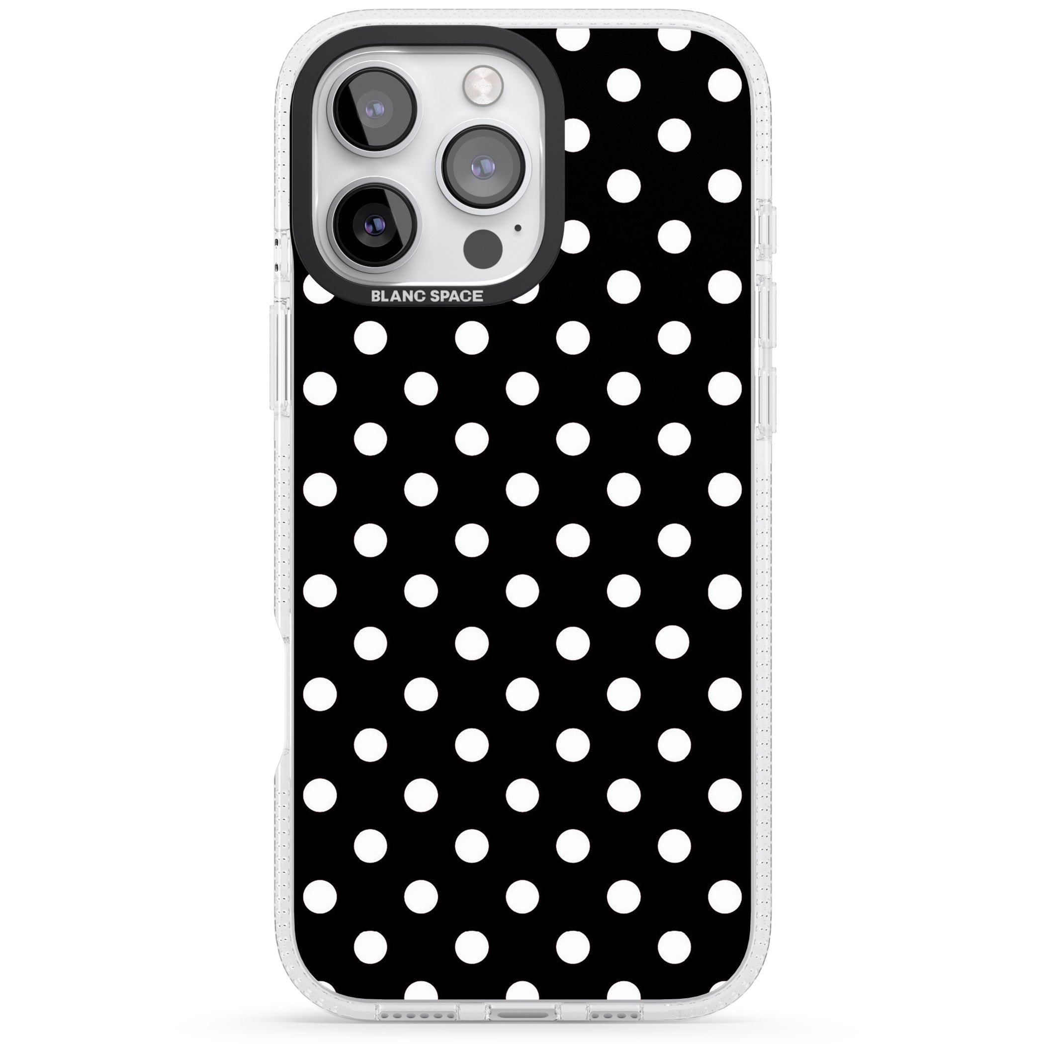 Designer Chic Black Polka Dot iPhone 16 Pro Max / 16 Pro Clear Case Impact Air - Blanc Space