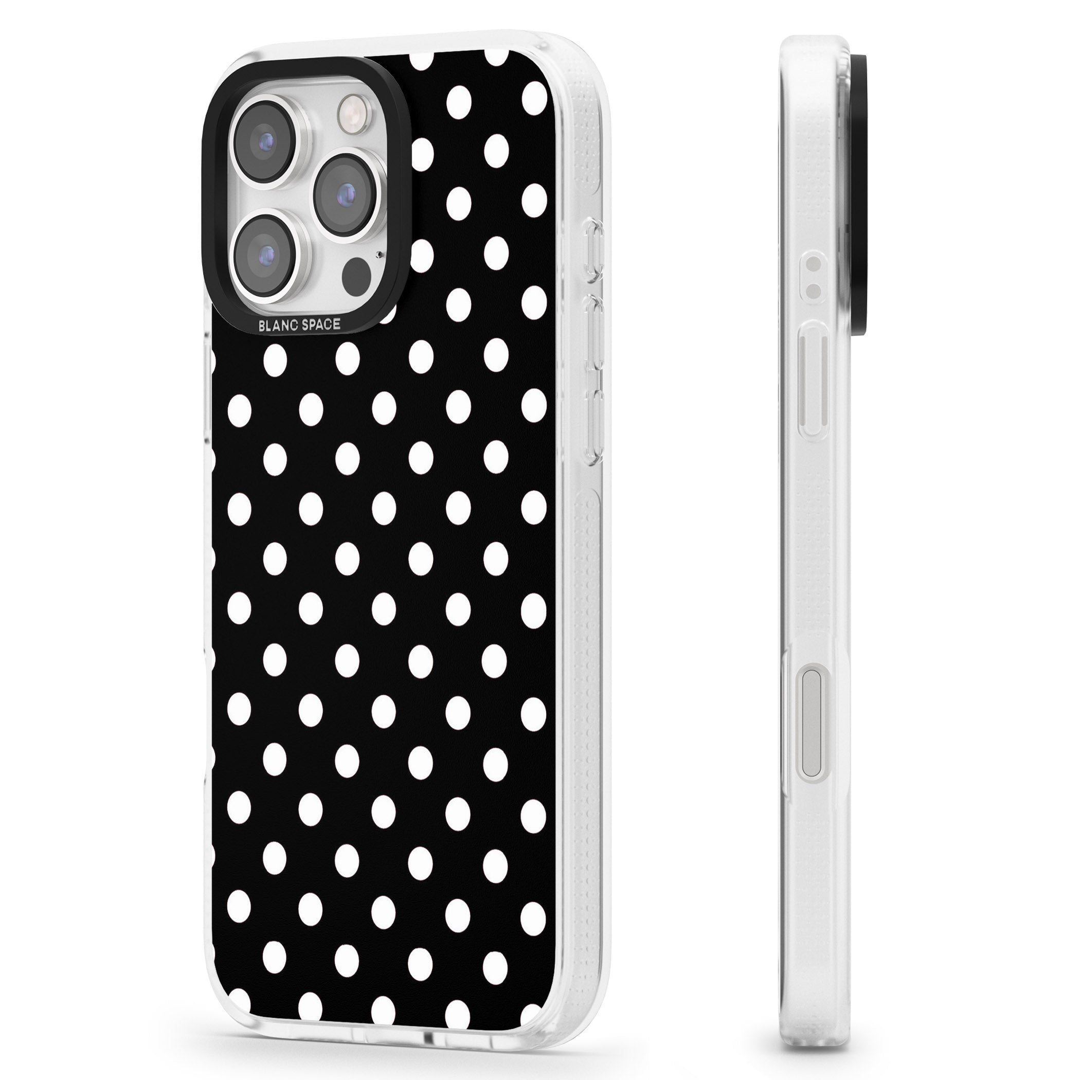 Designer Chic Black Polka Dot iPhone 16 Pro Max / 16 Pro Clear Case Impact Air - Blanc Space