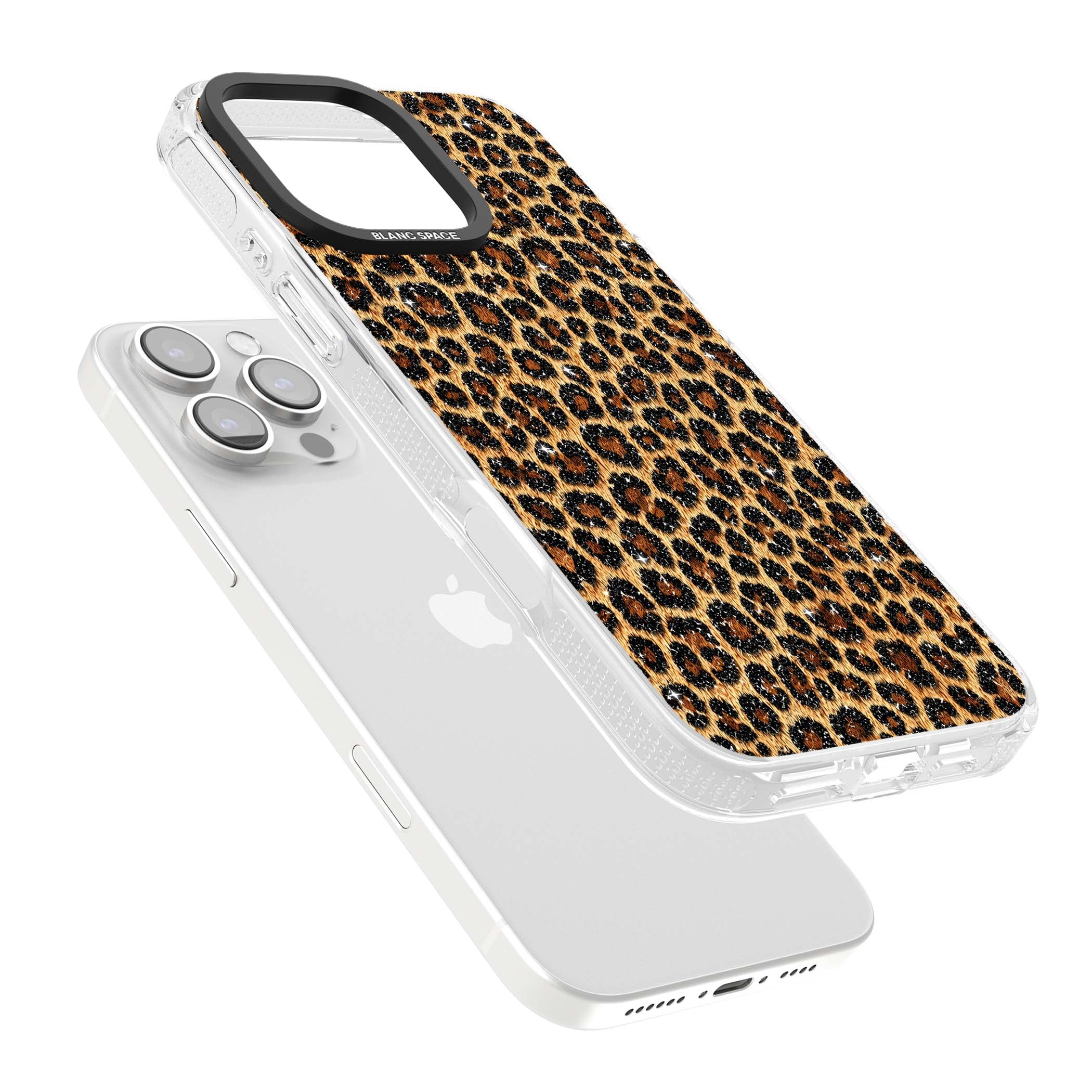 Diamond Leopard leopard print iPhone case featuring golden tan fur, black rosette spots and subtle glitter sparkle | Clear Case Impact Air case for iPhone 16 Pro, iPhone 16 Pro Max